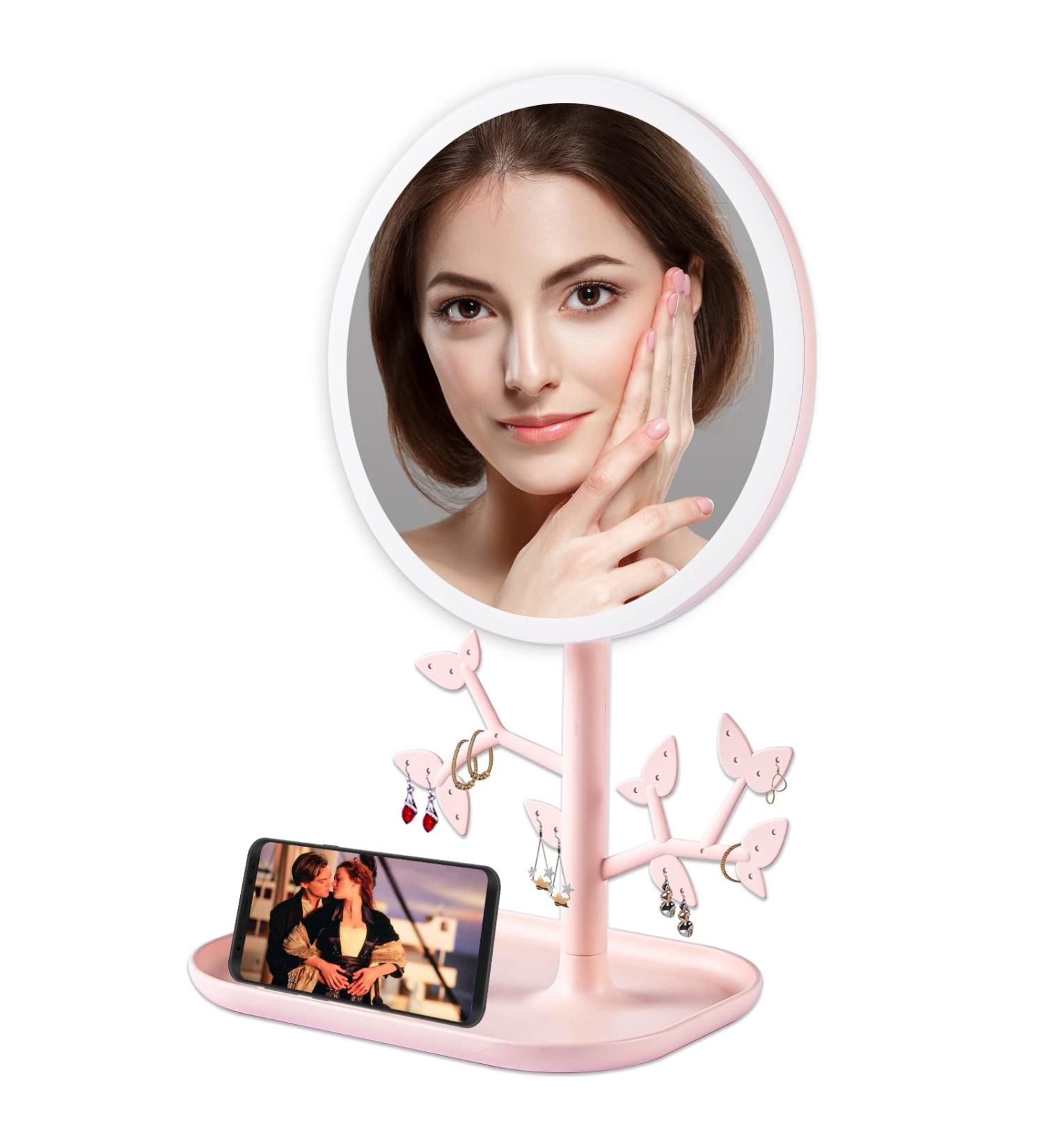 Portable Makeup Mirror with Lights - Rechargeable Lighted Vanity Mirror for Teens with Phone Holder and Jewelry Storage - 3 Color Lighting Modes - Buy Online on GoSupps.com