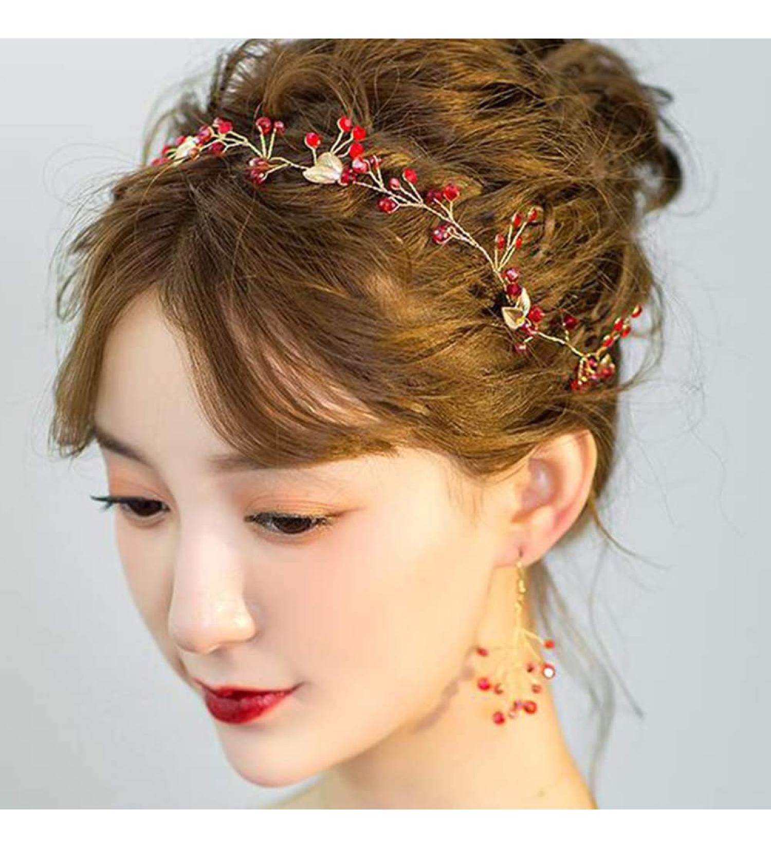 Missgrace Bridal Red Crystal Leaf Hair Vine and Earrings Set - Wedding Vintage Headband for Women, Perfect for Parties and Halloween - Buy Online on GoSupps.com