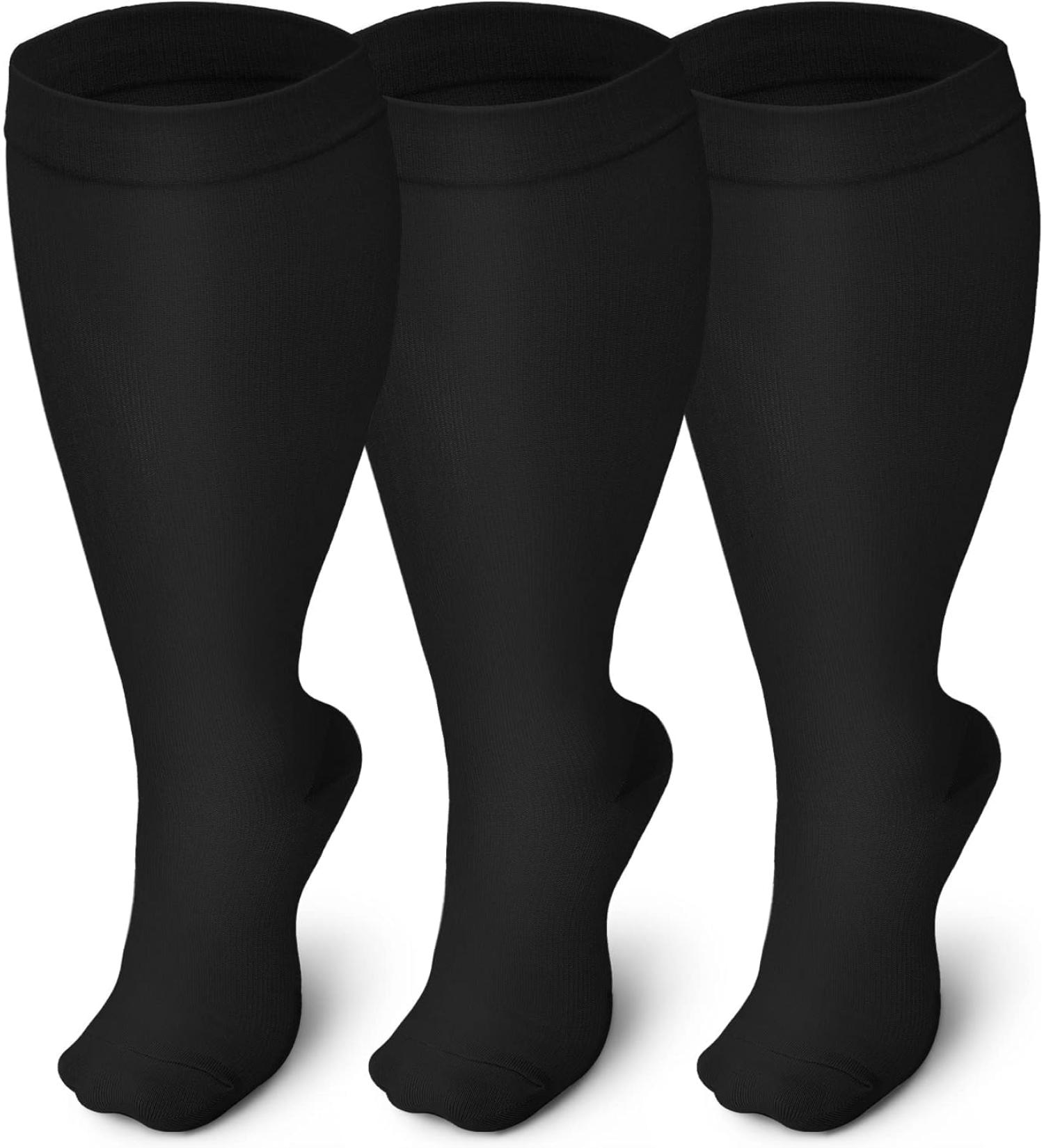 Gcbiger 3 Pairs Plus Size Compression Socks (20-30 mmHg) for Women & Men Wide Calf Extra Large Knee High Stockings 3XL Plus Black - Buy Online on GoSupps.com