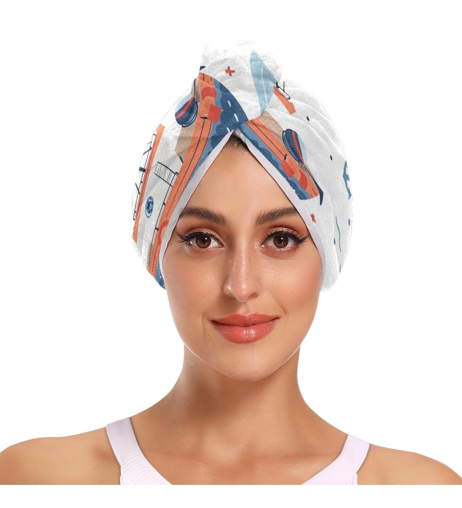 Boats Waves Hair Towel 2 Pack - Super Absorbent Quick Dry Hair Turbans for Women & Girls | Ideal Hair Drying Towel with Button Wrap - Buy Online on GoSupps.com