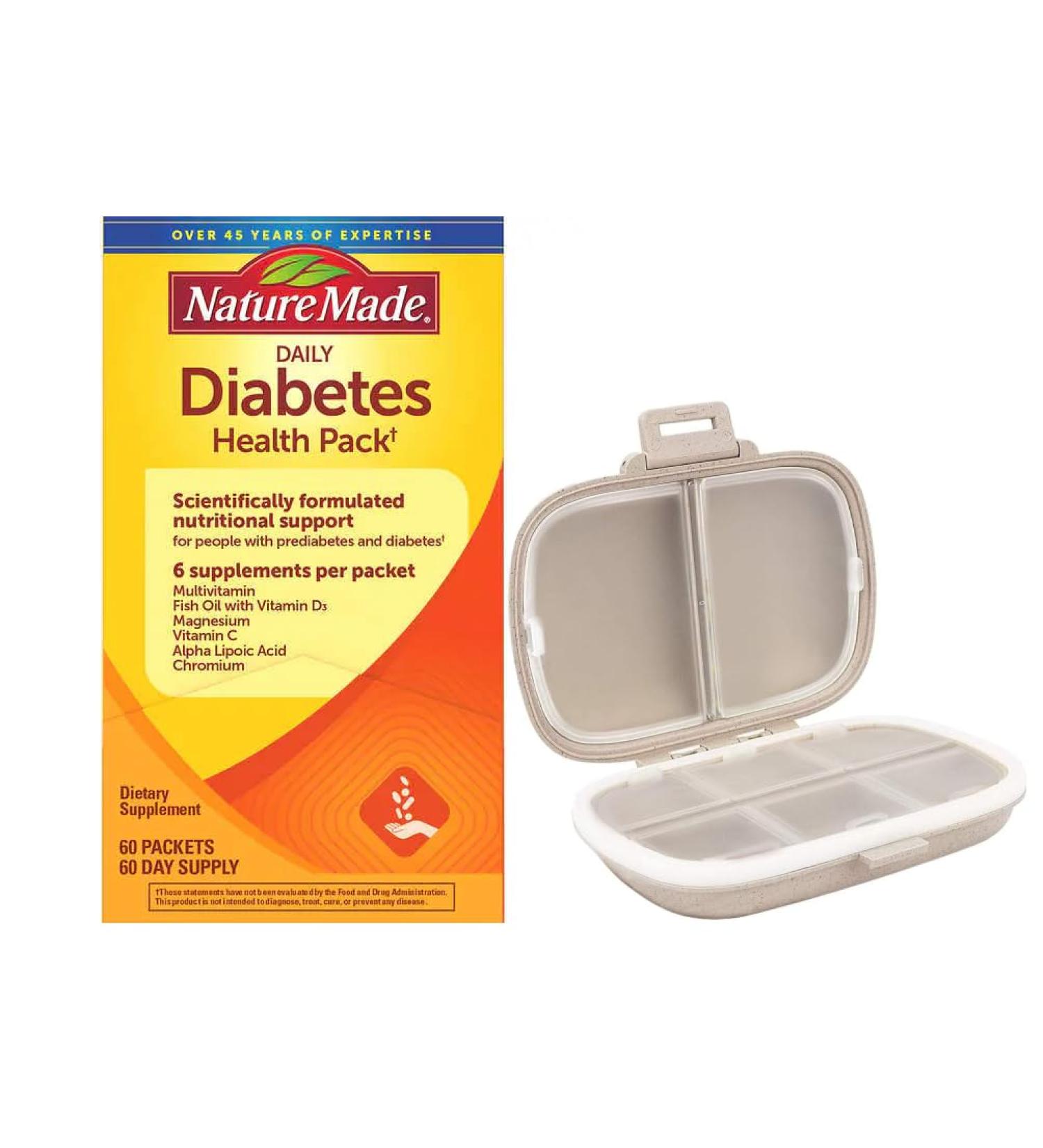 Nature Made Diabetes Health Pack - 60 Packets | Travel Pill Organizer Included | Best for Blood Sugar Management | Khaki 8-Compartment Case - Buy Online on GoSupps.com