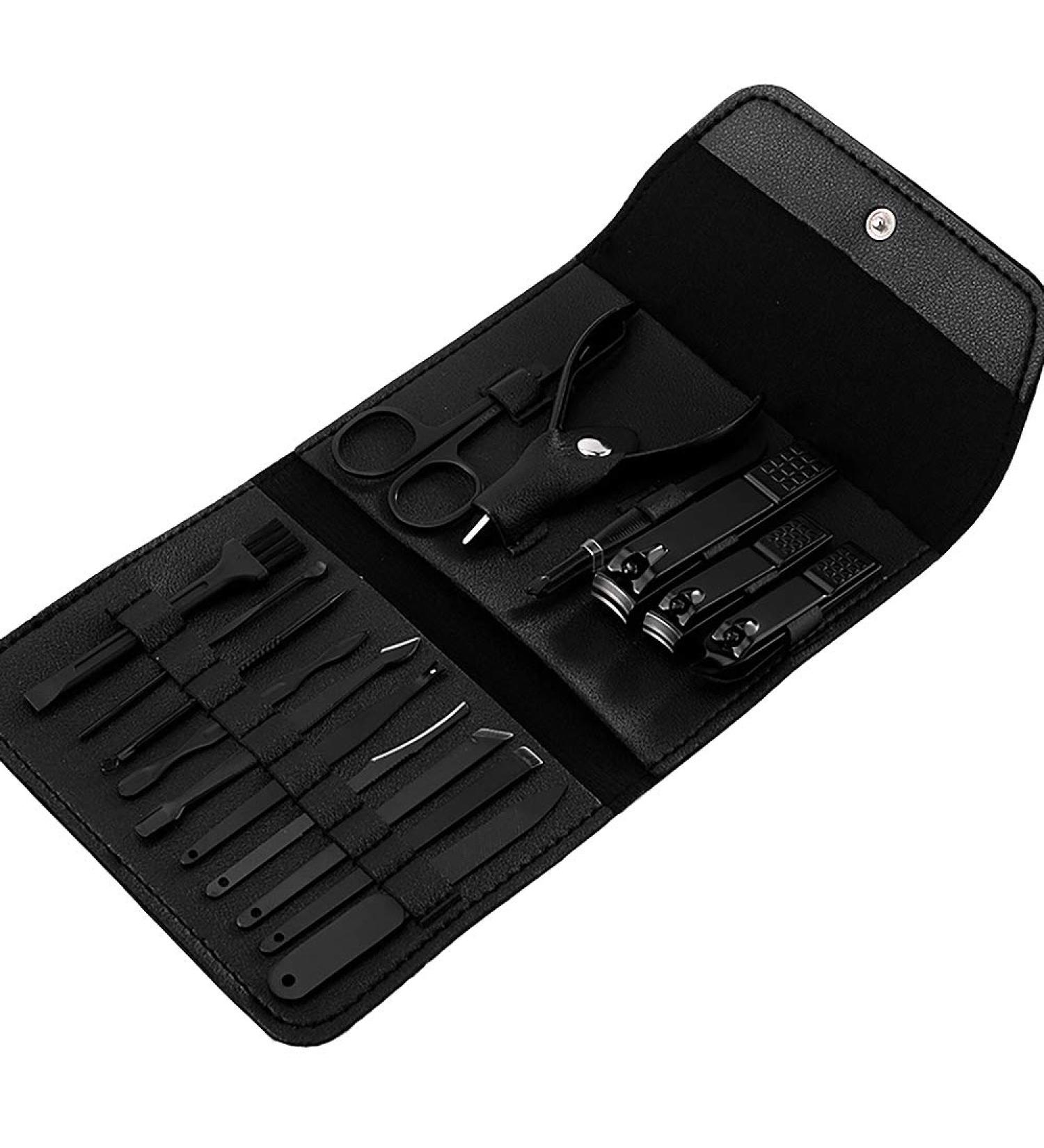Grendly 16 Piece Nail Clippers Set Stainless Manicure Cutter Tool Pedicure Nail Scissors Ear with Leather Bag - Black - Buy Online on GoSupps.com