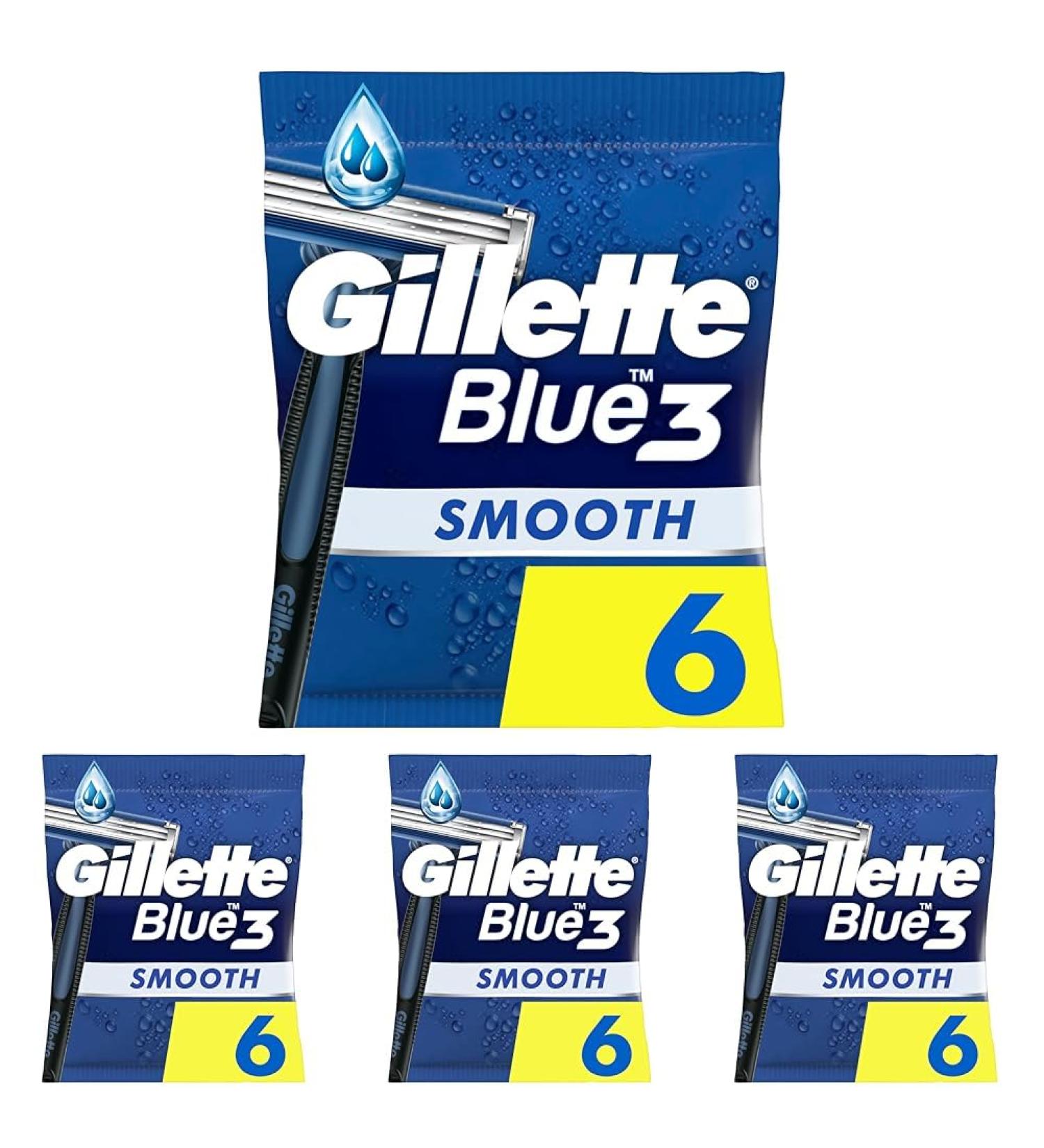 Gillette Blue3 Smooth disposable razor men 6 razors with 3-fold blade around 40 flexible swivel head slide stripes with comfort gel technology (pack of 4) 6 pieces (4 Pack)