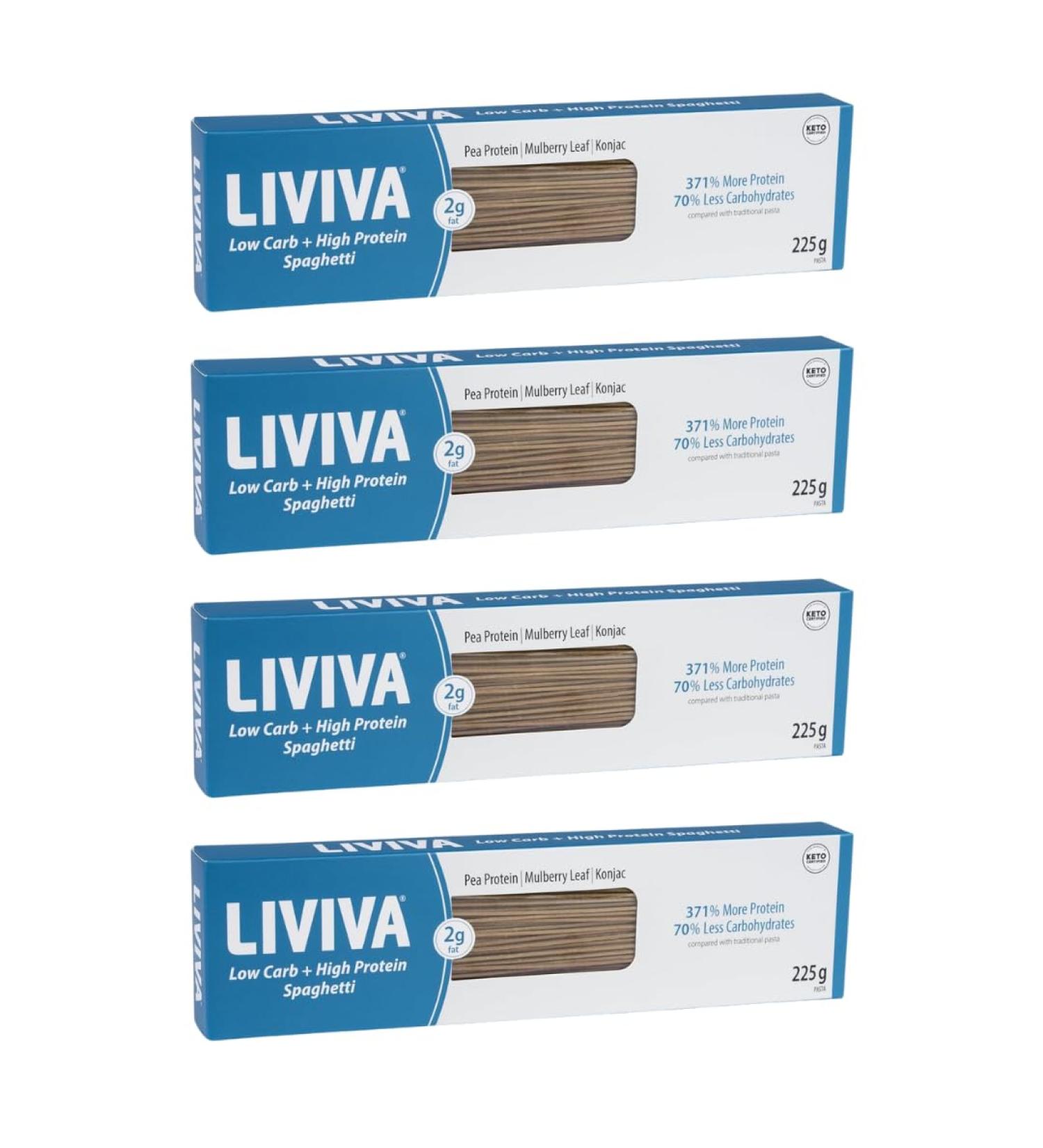 LIVIVA Low Carb High Protein KETO Spaghetti Pasta - 27g of Protein 8g Net Carbs Diabetic-Friendly - Made with Pea Protein Mulberry Leaf and Konjac (Pack of 4) 225g (Pack of 4) - Buy Online on GoSupps.com