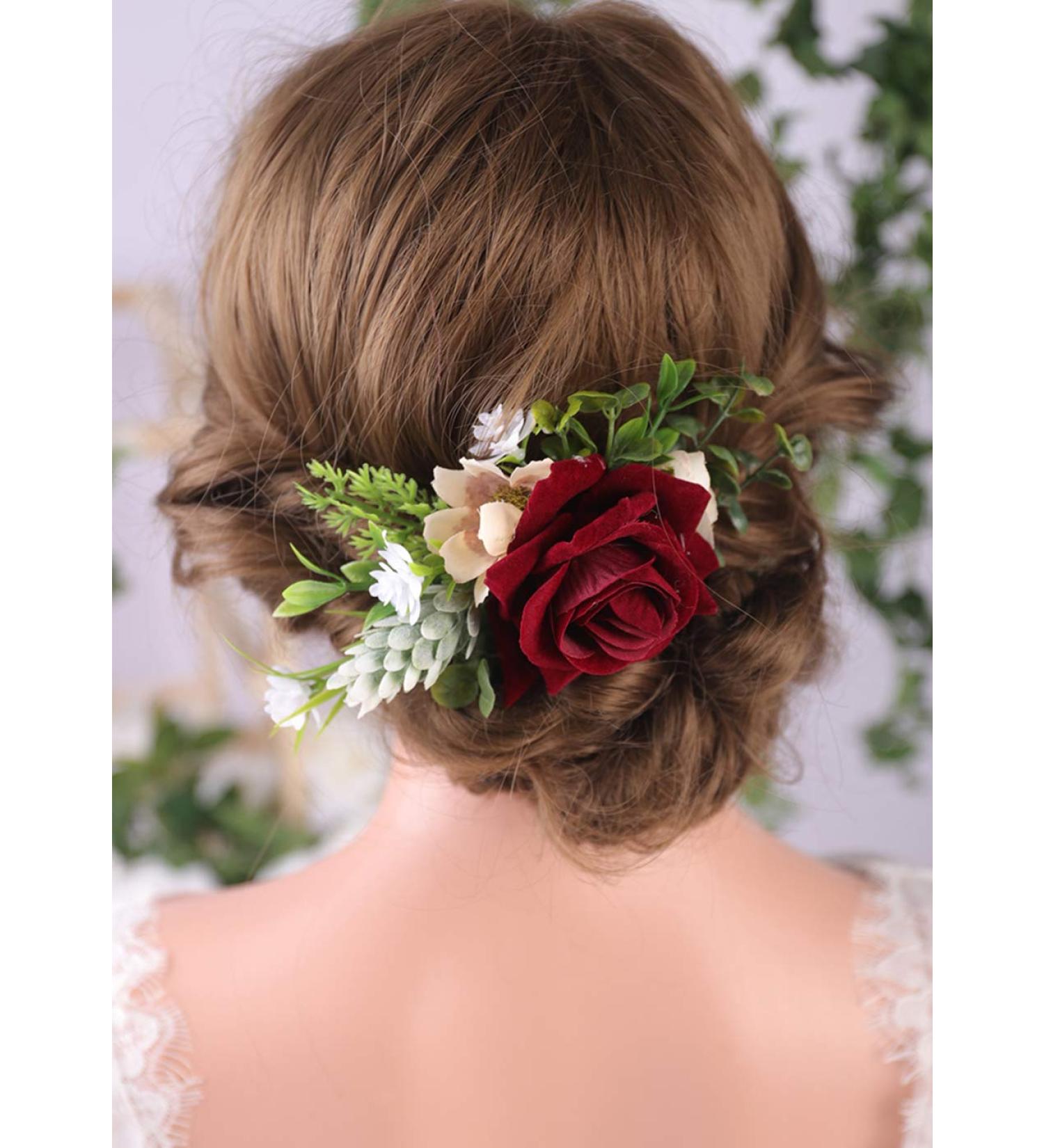 Anglacesmade Bridal Flower Hair Comb Burgundy Dark Red Rose Cream Daisy Eucalyptus Greenery Headpiece for Rustic Wedding Photo Shoot Prom Party Festival - Buy Online on GoSupps.com