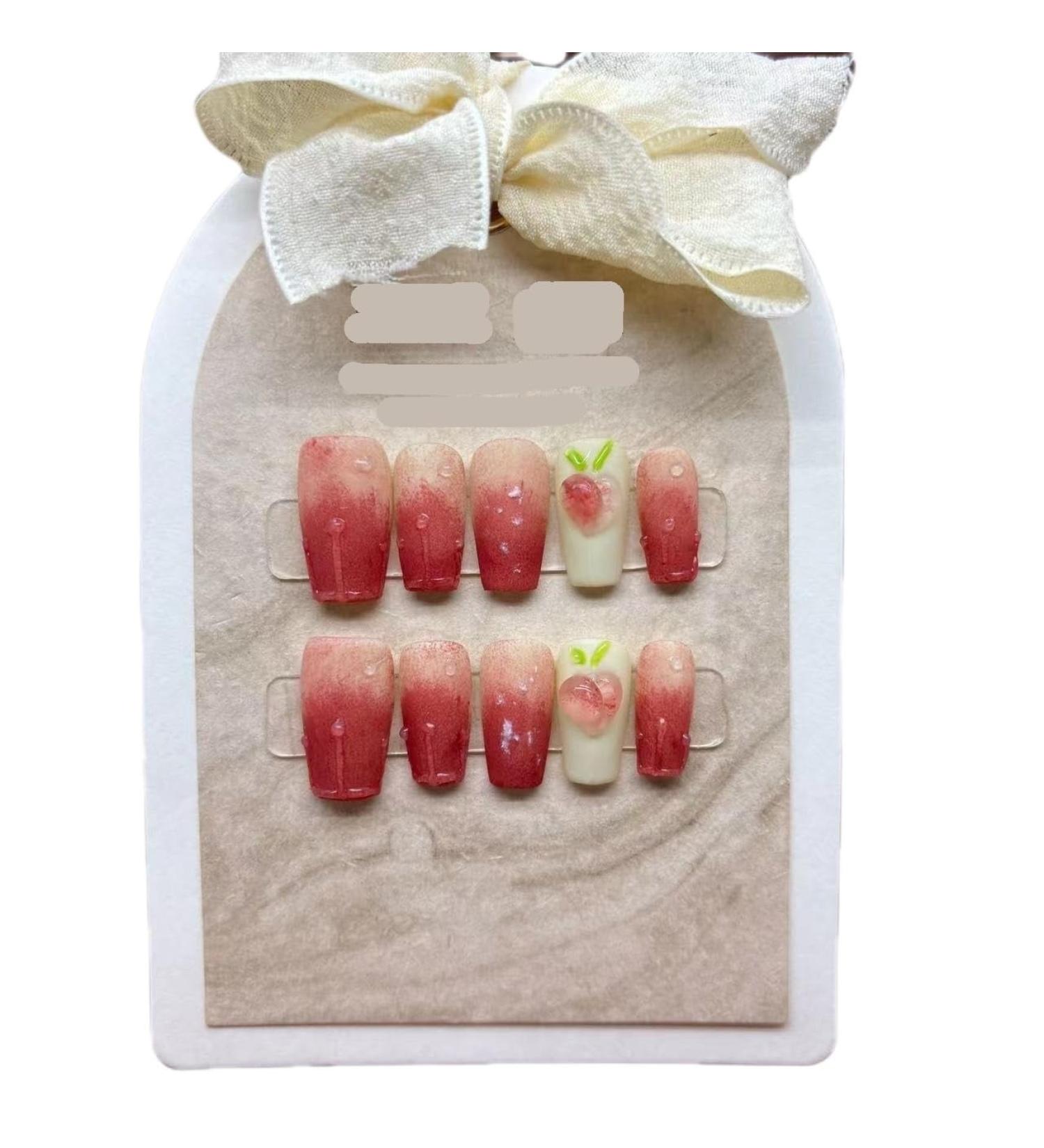 Powder blusher peach cute sweet long wearable phototherapy nail whitening handmade wear nail false nail patch 10PCS (Size : L) 1 count (Pack of 1)