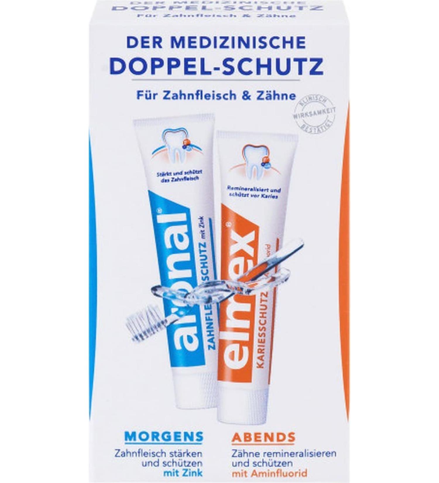 Aronal and Elmex toothpaste double protection 2 x 12 ml toothpaste for gums and teeth protects against caries travel size 24 ml (1 Pack)