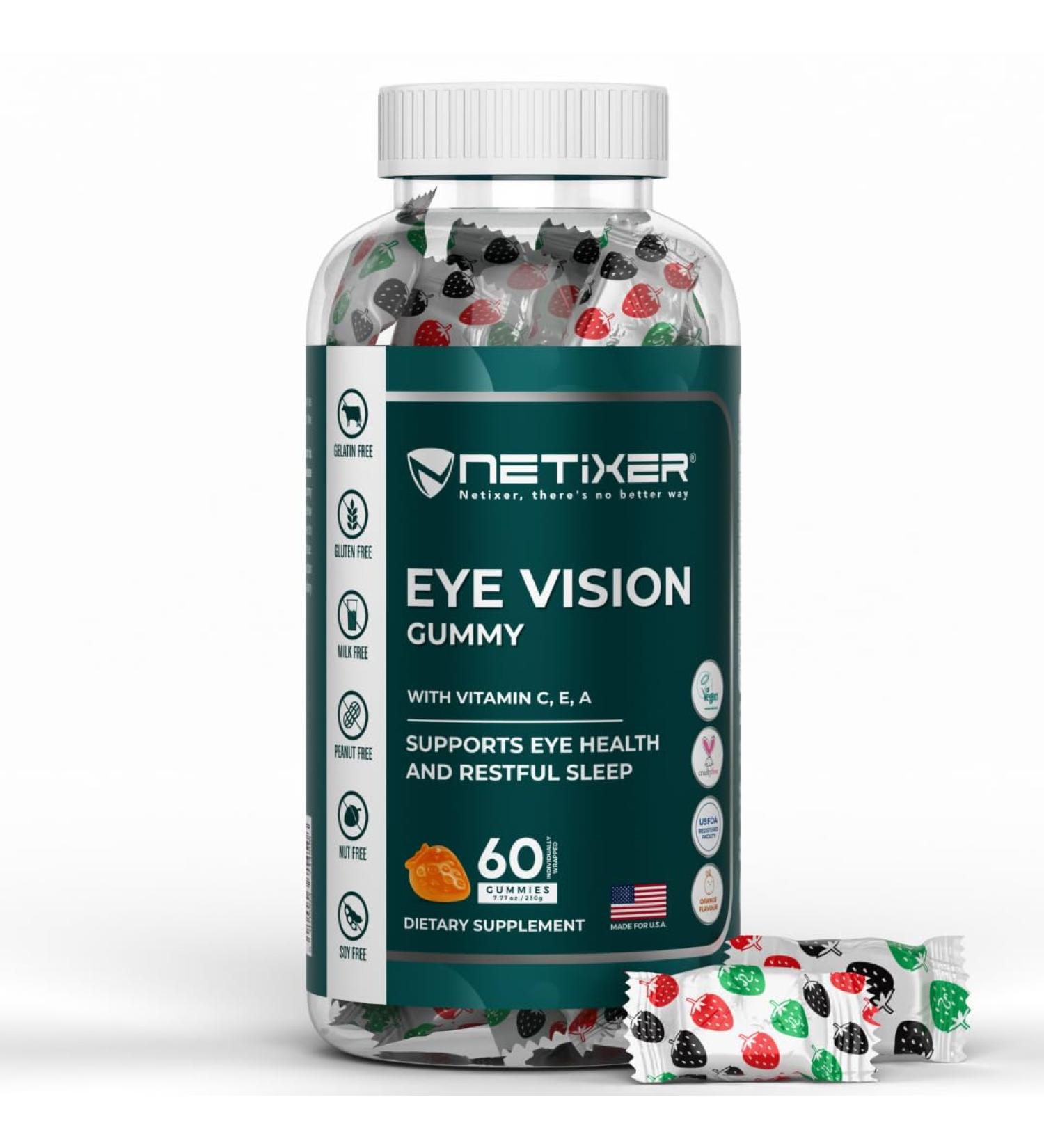 nETiXER Eye Vision Gummies 60 Berry-Flavored Vegan Gummies with Lutein Zeaxanthin Astaxanthin DHA Vitamins A C E Gelatin-Free Gluten-Free | Individually Wrapped - Buy Online on GoSupps.com