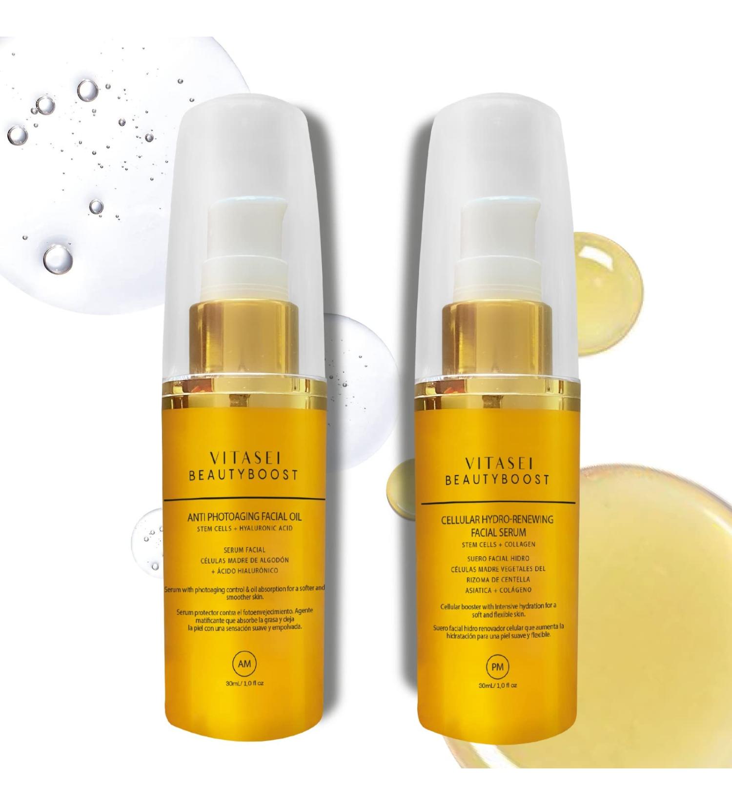 Vitasei Beauty Boost Anti-Photoaging Day & Night Serum Set with Stem Cells, Hyaluronic Acid, Collagen - 30ml AM + 30ml PM Hydrating Face Oil Moisturizer for Sun Protection - Buy Online on GoSupps.com