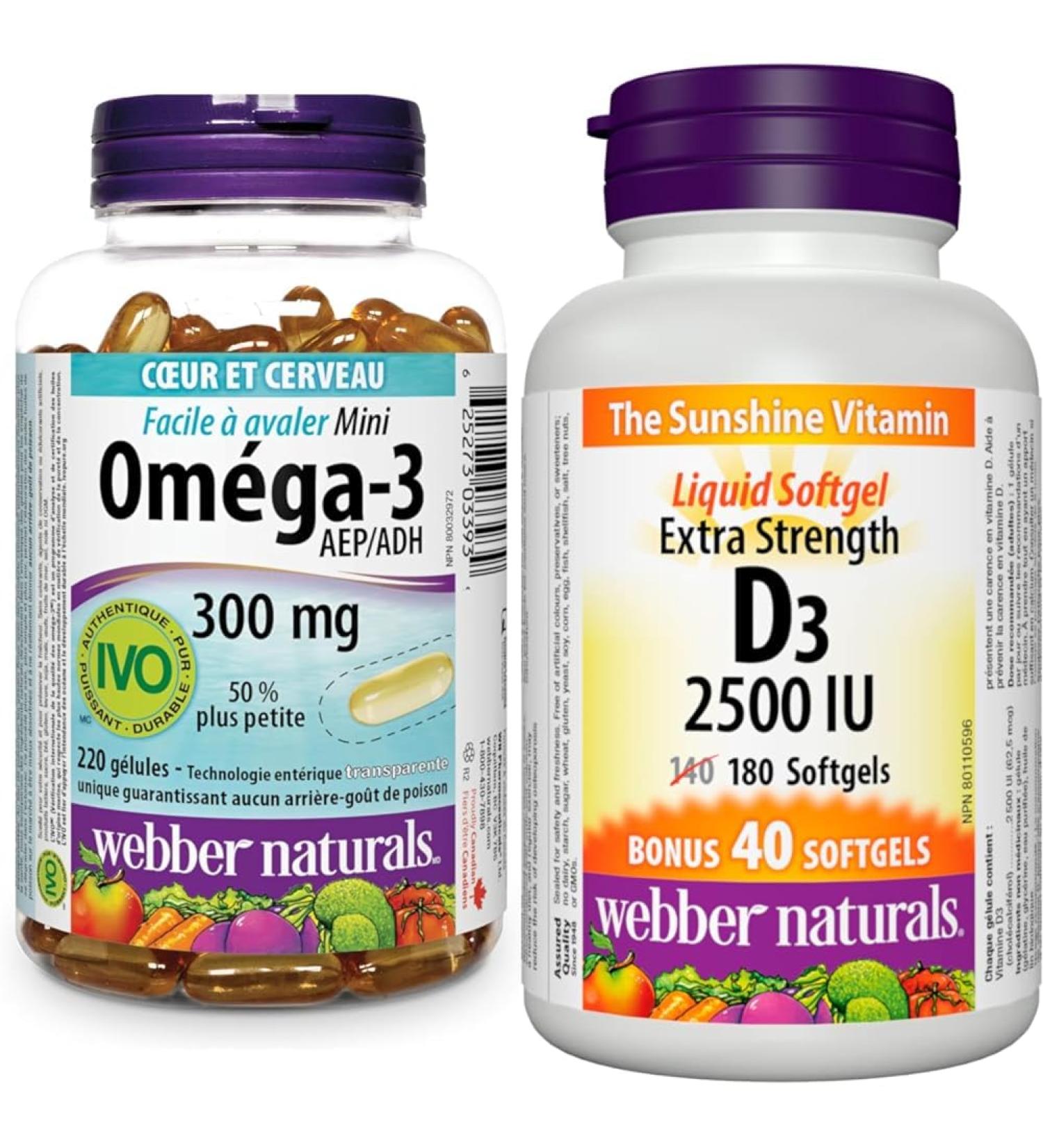 Webber Naturals Omega-3 300 mg Mini 220 Clear Enteric No Fishy Aftertaste Mini Softgels & Vitamin D3 2500 IU Extra Strength 180 Softgels - Buy Online on GoSupps.com