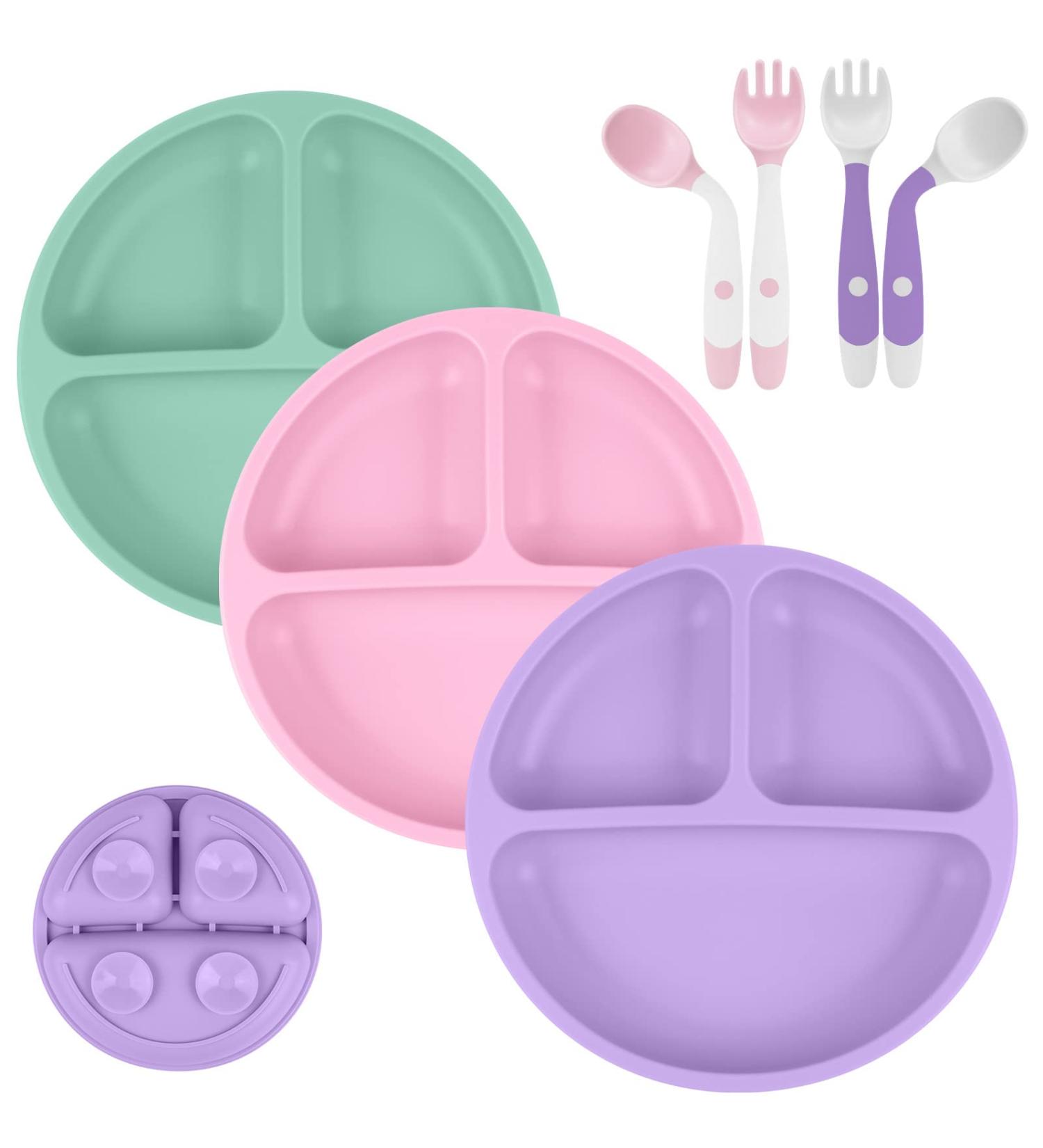 Vicloon Baby Suction Plate Set | Non Slip Silicone Weaning Plates for Toddlers | Self Feeding Divided Dishes | Fits Most Highchairs Trays | 3Pcs (Pink/Purple/Green) - Buy Online on GoSupps.com