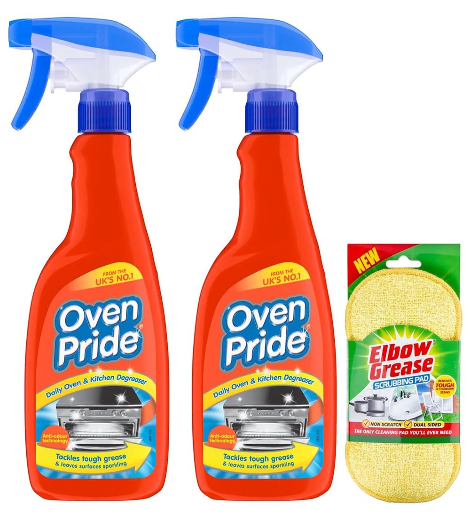 2X Oven Pride Daily Oven and Kitchen Degreaser Spray- 2X 500ml- Removes Tough Grease from Ovens Hobs Extractors Kitchen Surfaces - with Scrubbing Pad 2X Oven Pride Degreaser Spray + Scrubbing Pad - Buy Online on GoSupps.com