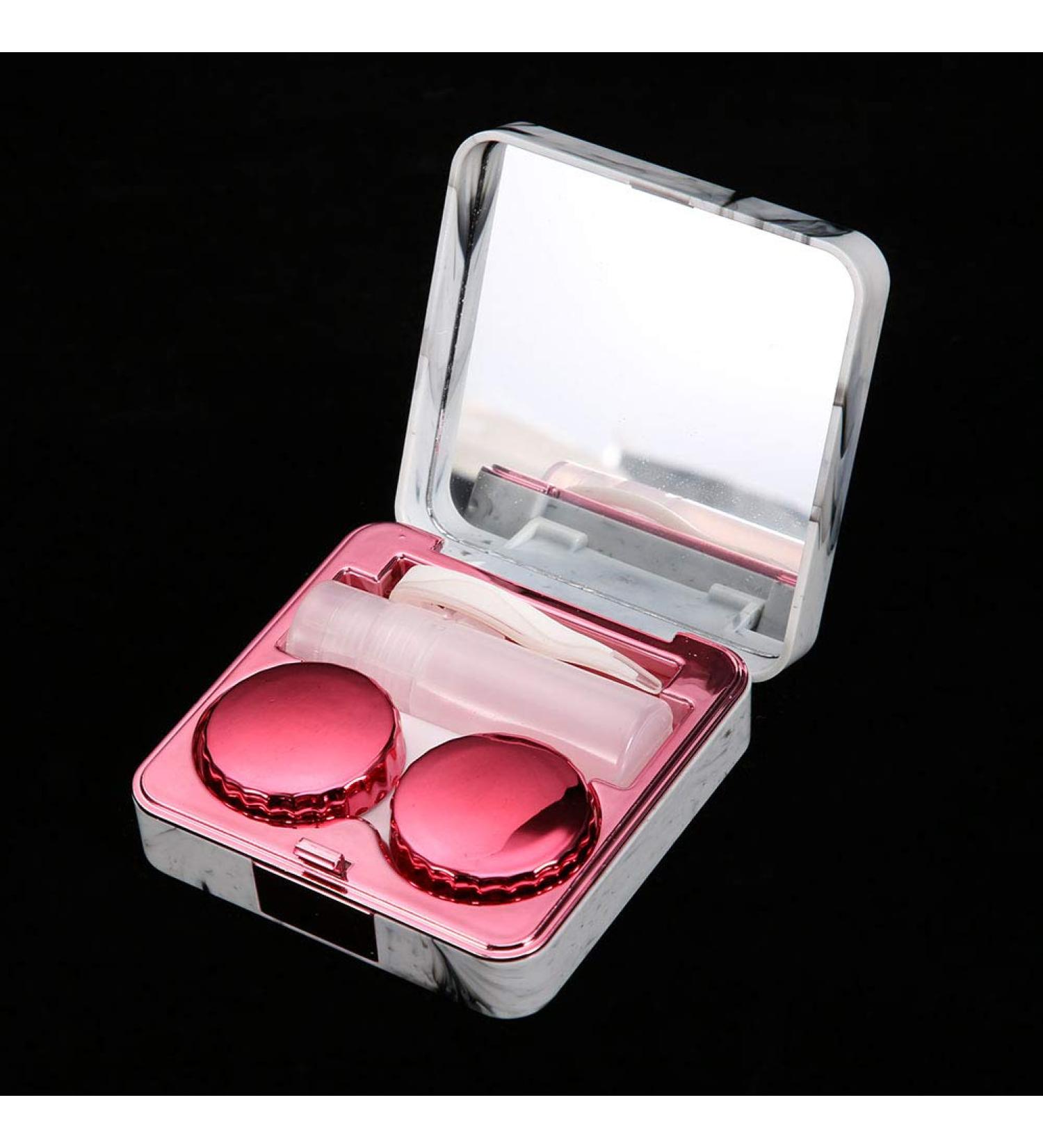 BTOSEP Hot Pink Portable Square Contact Lens Case with Marble Surface & Mirror - Ideal for Travel & Daily Use - Buy Online on GoSupps.com