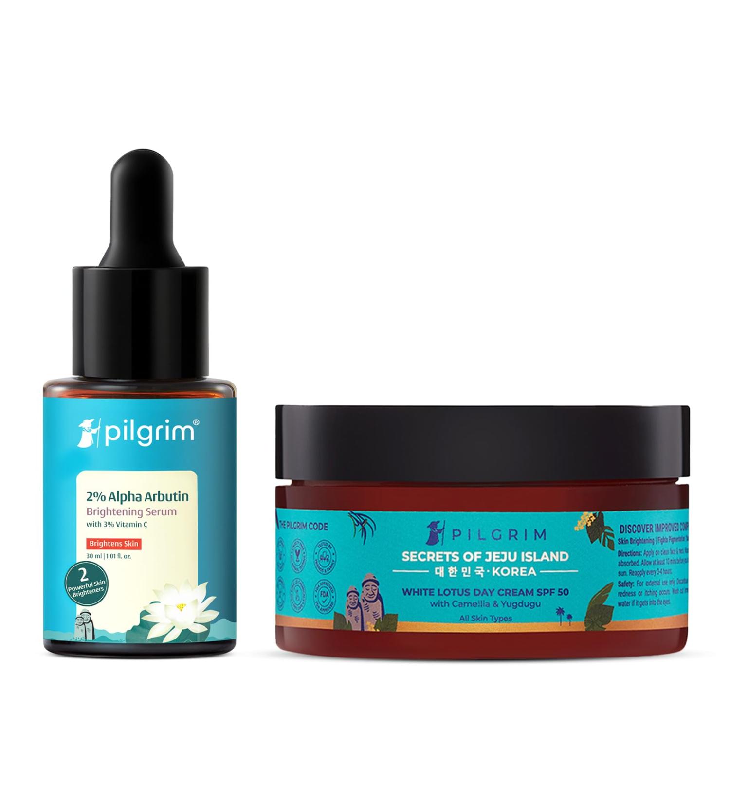 Pilgrim Korean White Lotus Day Cream SPF 50 & 2% Alpha Arbutin Serum - Buy Online on GoSupps.com