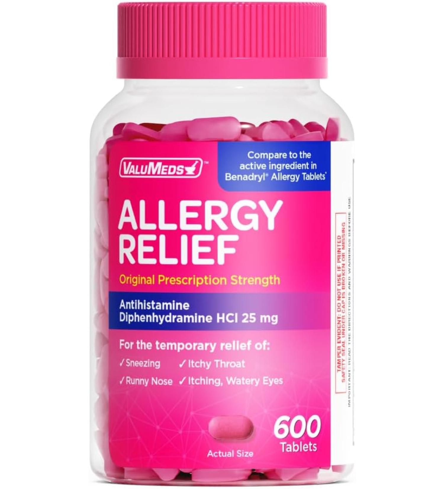 ValuMeds Allergy Medicine - 600 Tablets, Antihistamine Diphenhydramine HCl 25mg - Relief for Children and Adults, Itchy Eyes, Runny Nose, Sneezing - Buy Online on GoSupps.com