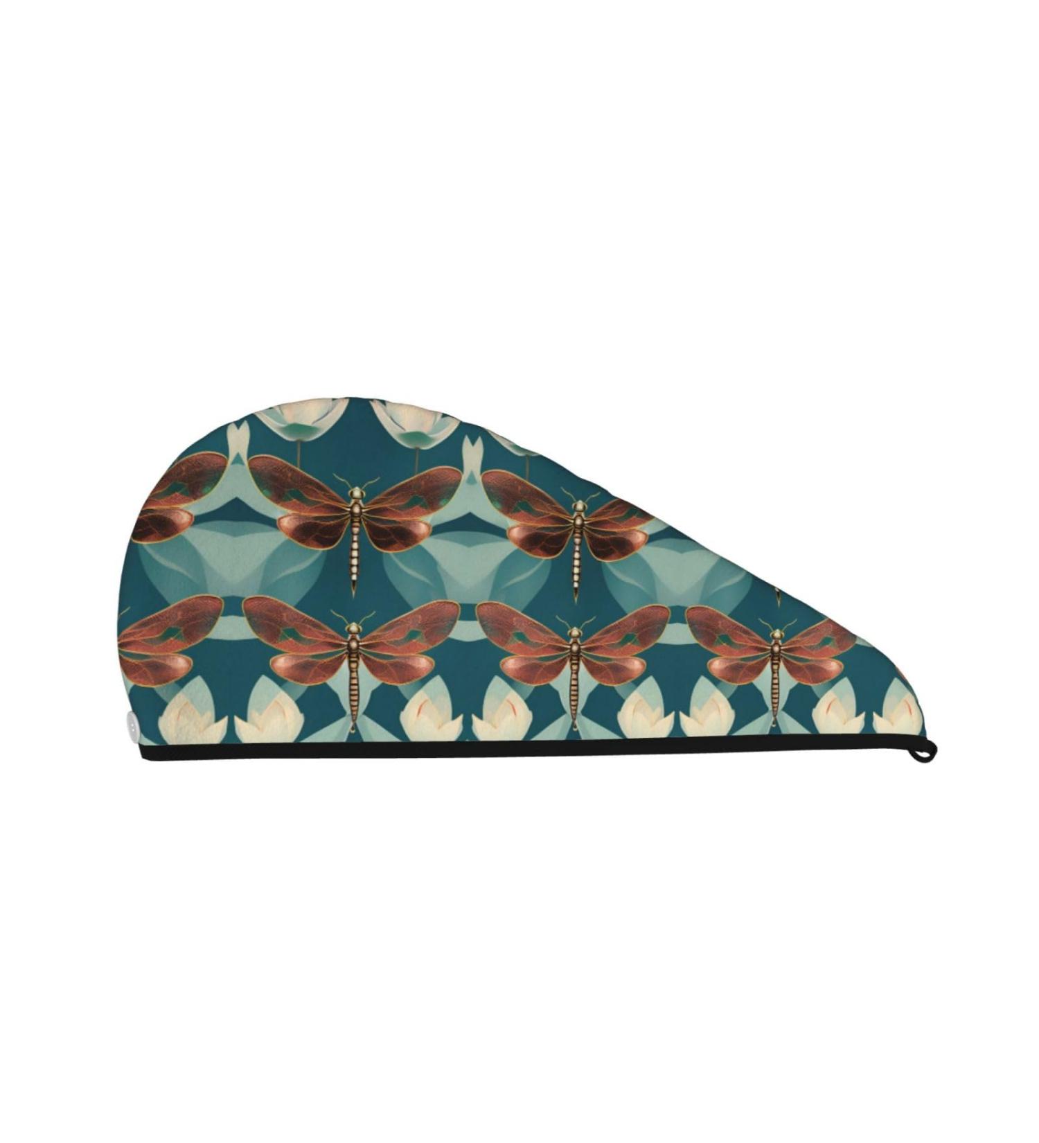 Quick-Dry Coral Velvet Hair Cap - Dragonfly & Lotus | Ideal Hair Towel for Travel & Home | Unisex - Buy Online on GoSupps.com