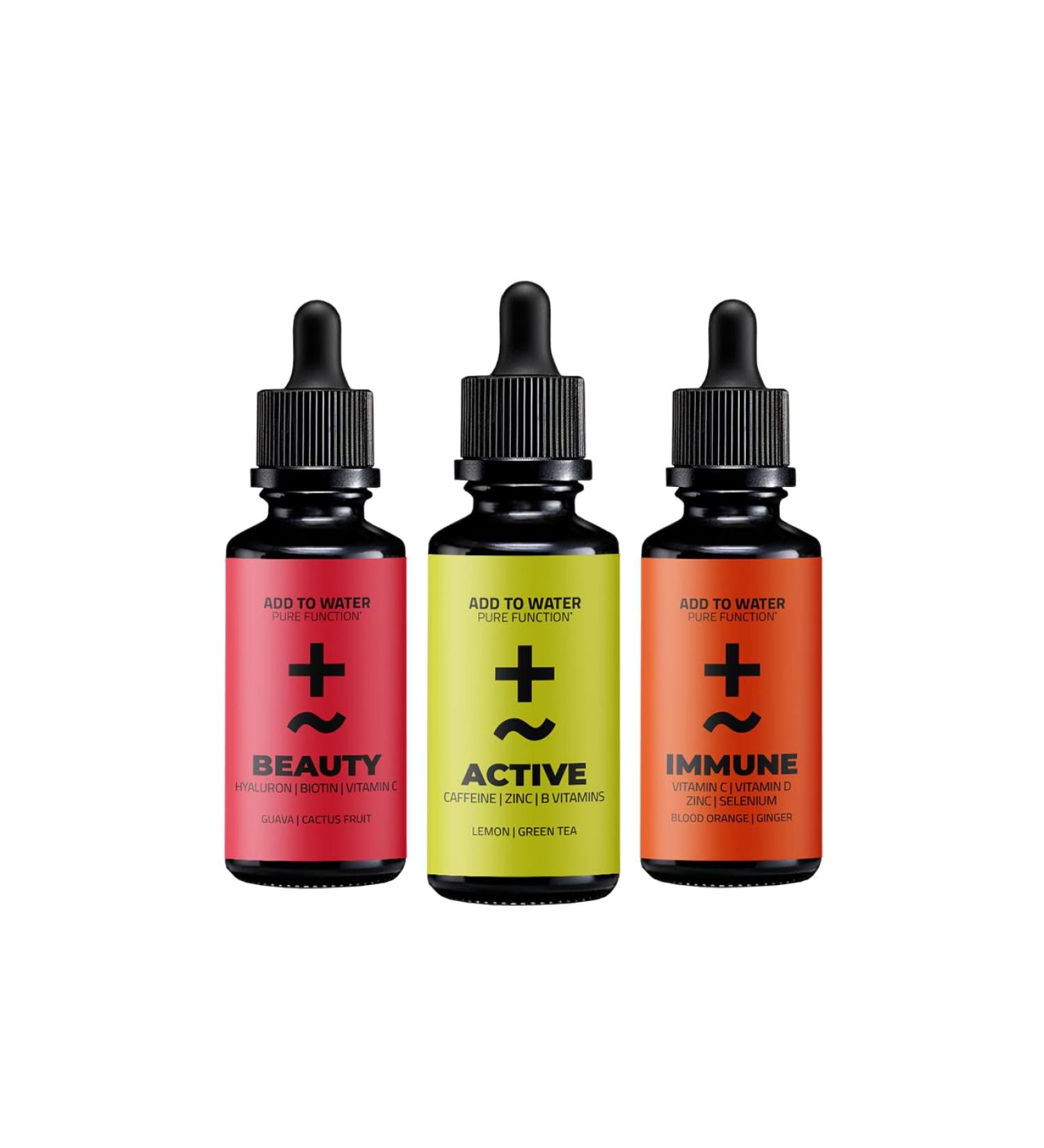 Pure Function Starter Set: 3x Sugar-Free Beverage Concentrates for Active Immune & Beauty - 90 Easy-Dose Drinks - Buy Online on GoSupps.com