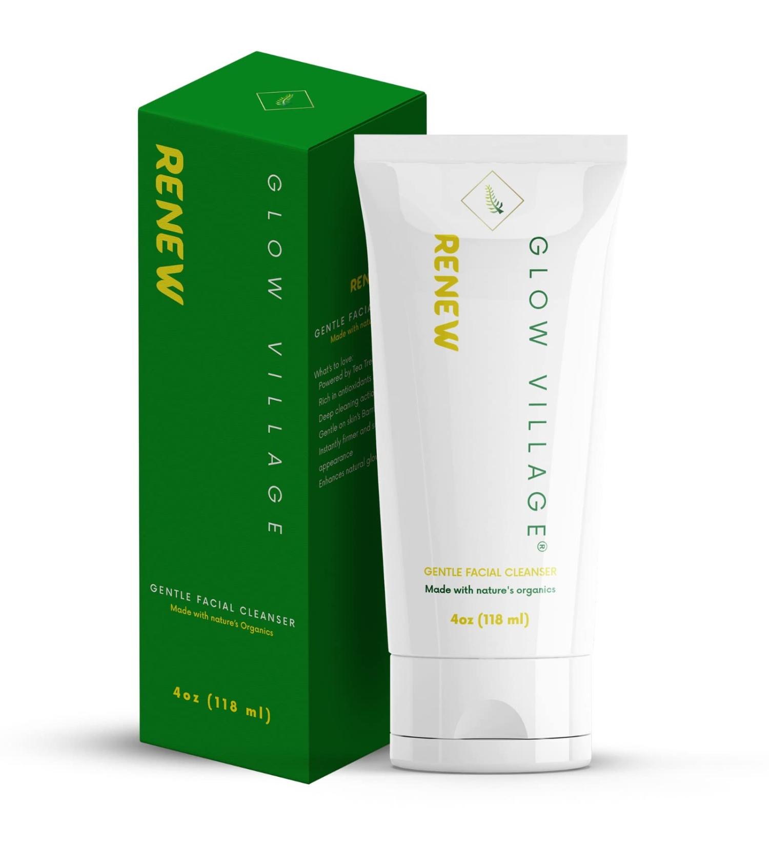 Glow Village Renew Gentle Facial Cleanser with Botanical Hyaluronic Acid | Vegan Organic | Deep Cleansing Blemish-Fighting | For Sensitive and Combination Skin| Fragrance Free | 4 oz - Buy Online on GoSupps.com