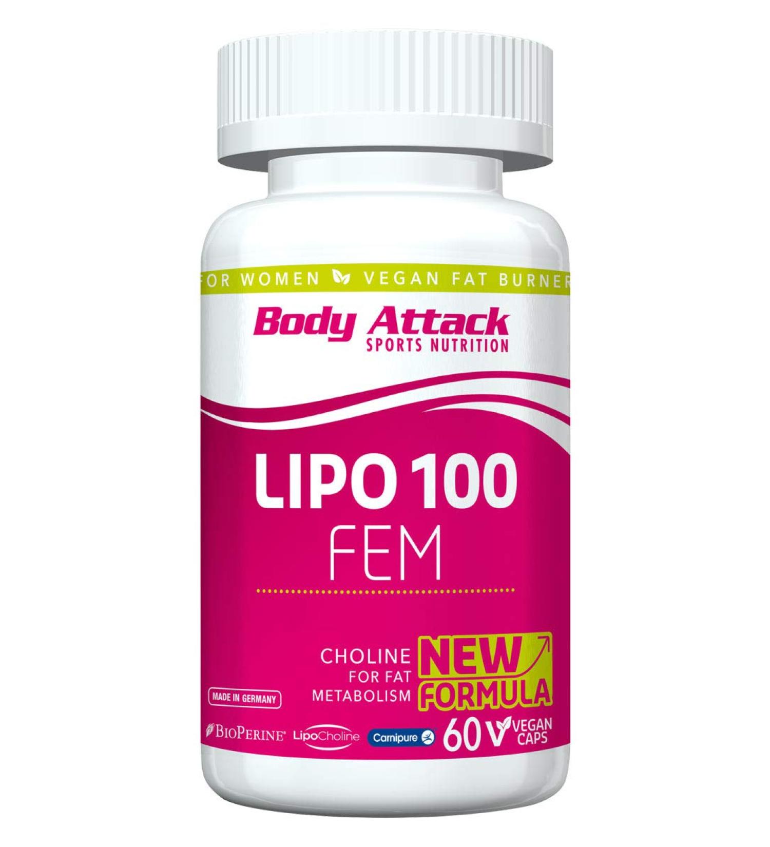 Body Attack Lipo 100 Fem Vegan - 60 Capsules | High-Dose Metabolism Booster for Women - Made in Germany - Lipocholine Caffeine & Green Coffee Extract - Buy Online on GoSupps.com