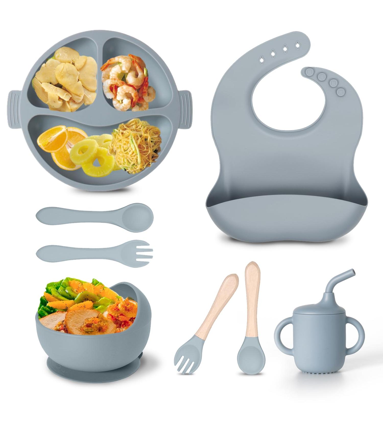 Buy 8-Piece BPA Free Silicone Baby Dish Set with Suction Cups - Toddler Plates Bowls & Bib - Safe & Slippery Harness - Blue - International Shipping Available - Buy Online on GoSupps.com