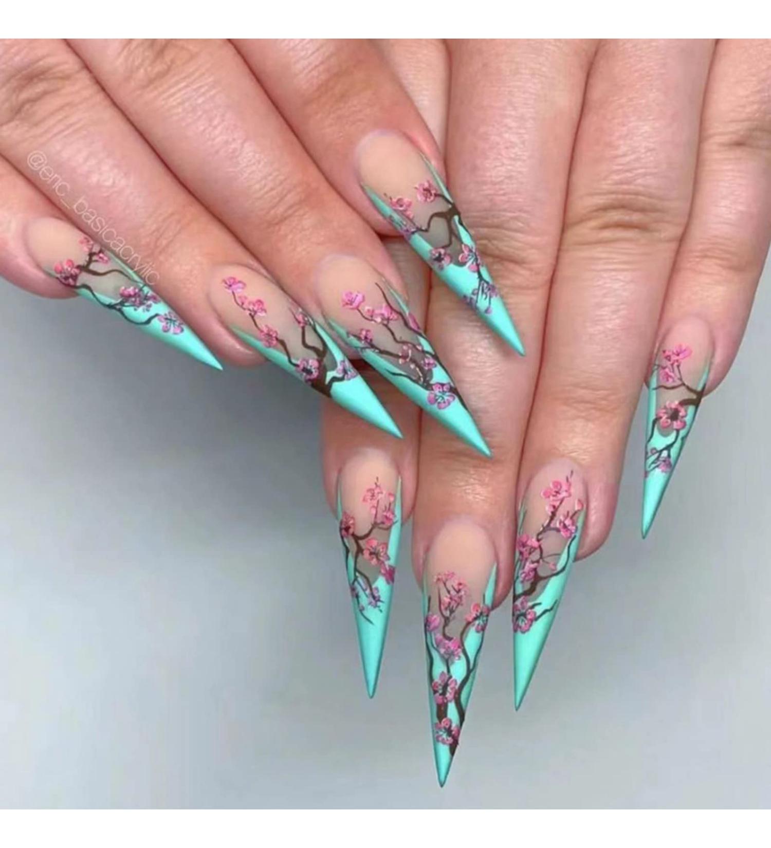 JUSTOTRY 24 Pcs Flower Stiletto Fake Nails Long Green French Press on Nails | Almond Stick on Nails for Women | Acrylic Extra Long False Nails with Glue for Nail Art - Buy Online on GoSupps.com