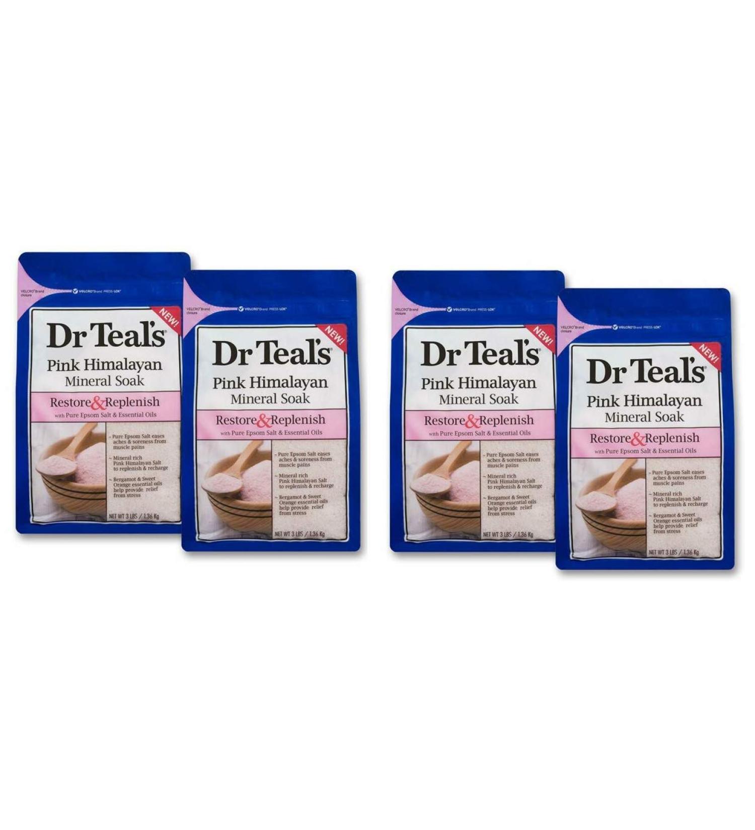 Dr Teal's Epsom Salt Soaking Solution Restore & Replenish Pink Himalayan Mineral Soak 4 Count - 3lb Bags 12lbs Total (Packaging May Vary)
