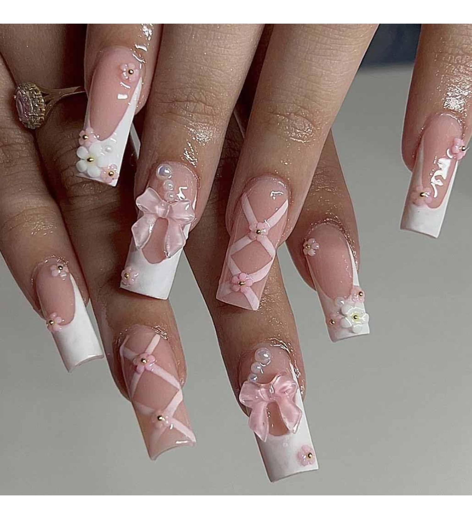 Foccna Medium Long Rhinestone Pink Press on Nails - 24pcs Glossy Bling Square Fake Nails with 3D Flower Design for Women & Girls - Buy Online on GoSupps.com