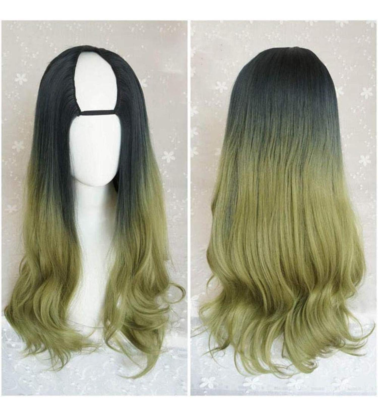 Harajuku Fashion Long Wavy Curly U Shaped Wig | Heat Resistant Synthetic Gradient Dark Roots | 28-Inch Fluffy Hair for Girls - Buy Online on GoSupps.com