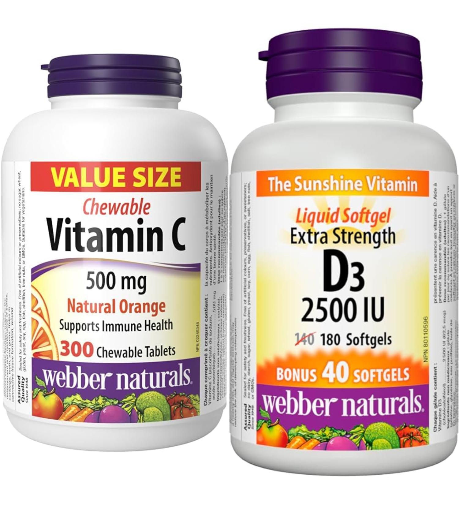 Webber Naturals Vitamin C Chewbale 500 mg 300 Orange Flavour Tablets For Bones Teeth & Vitamin D3 2500 IU Extra Strength 180 Softgels For Healthy Bones Teeth - Buy Online on GoSupps.com