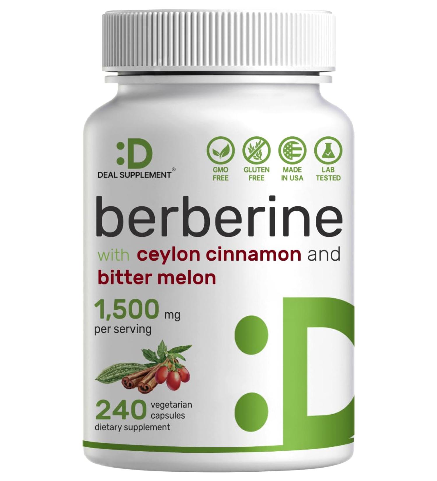 Berberine Supplement 1500mg with Ceylon Cinnamon & Bitter Melon | 240 Capsules - Supports Glucose Metabolism & Weight Management - Buy Online on GoSupps.com