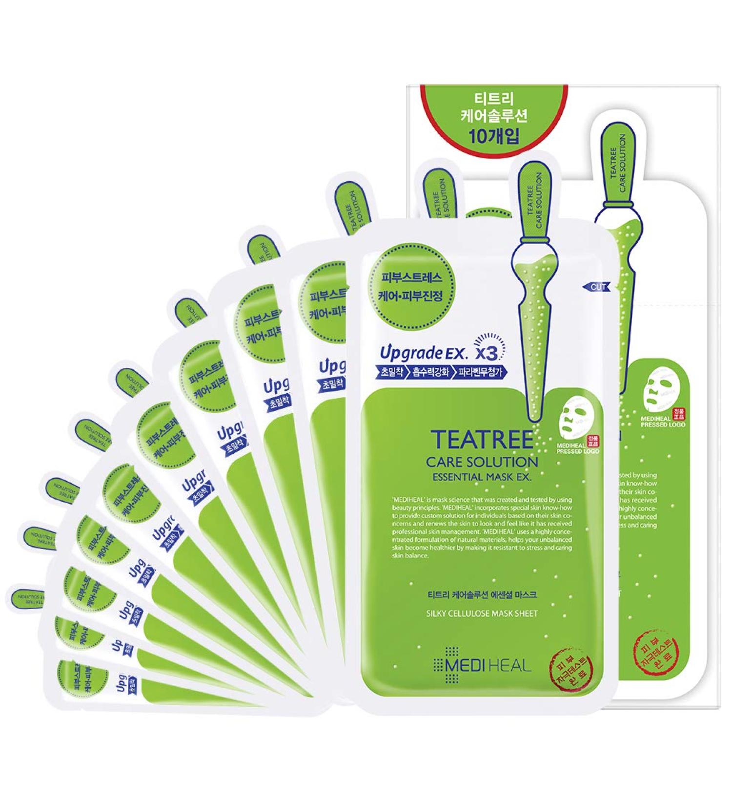 Mediheal TeaTree Care Solution Essential Mask - 10 Calming Leaf Masks for Sensitive Oily Skin | Korea's No. 1 Skin Care - Buy Online on GoSupps.com