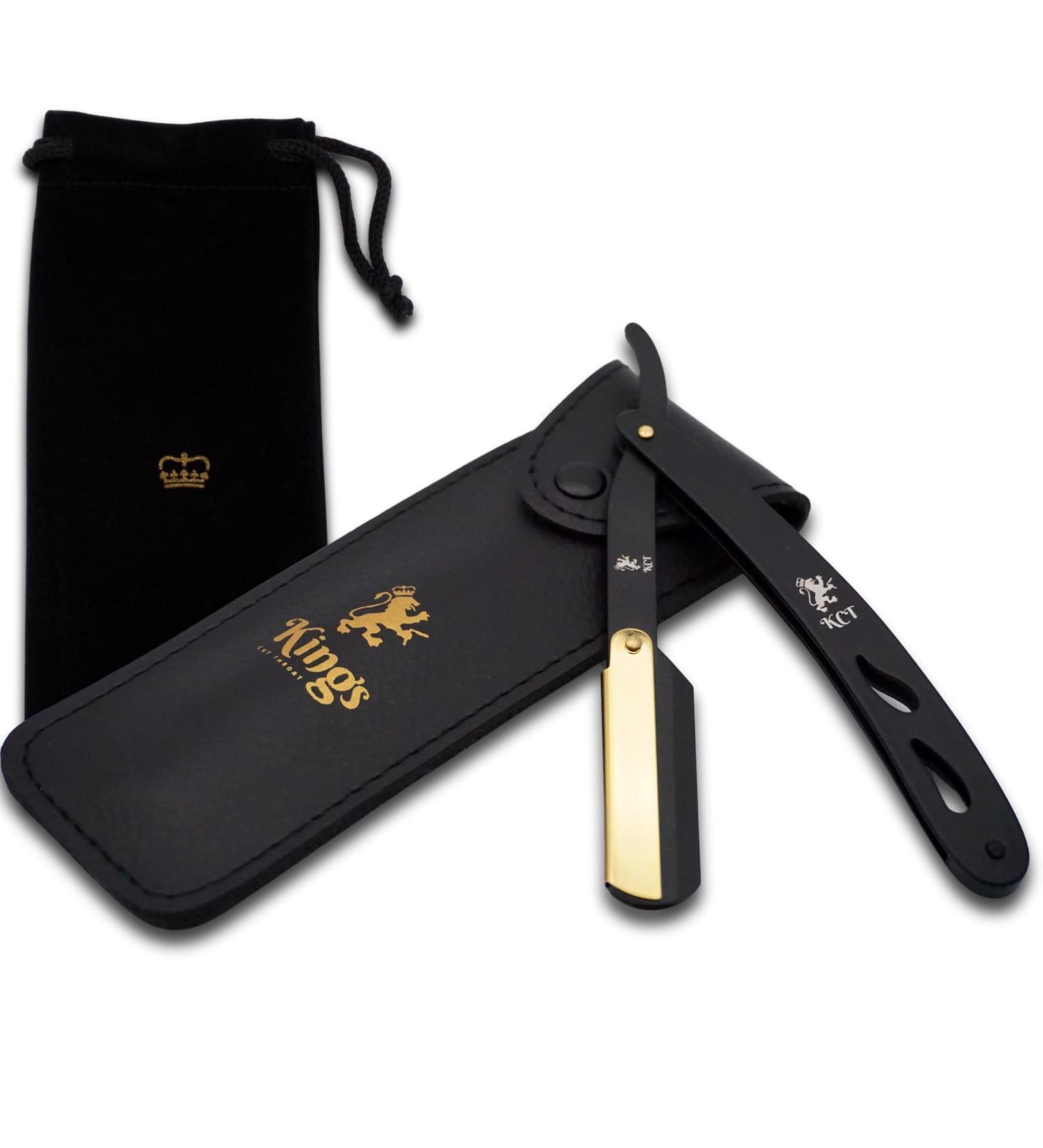 Cut Throat Razor for Men - The Kings Cutthroat | Black & Gold Steel Shaving Kit with Leather Pouch & Velvet Bag - Essential Grooming Accessory for Beards (No Blades - Buy Online on GoSupps.com