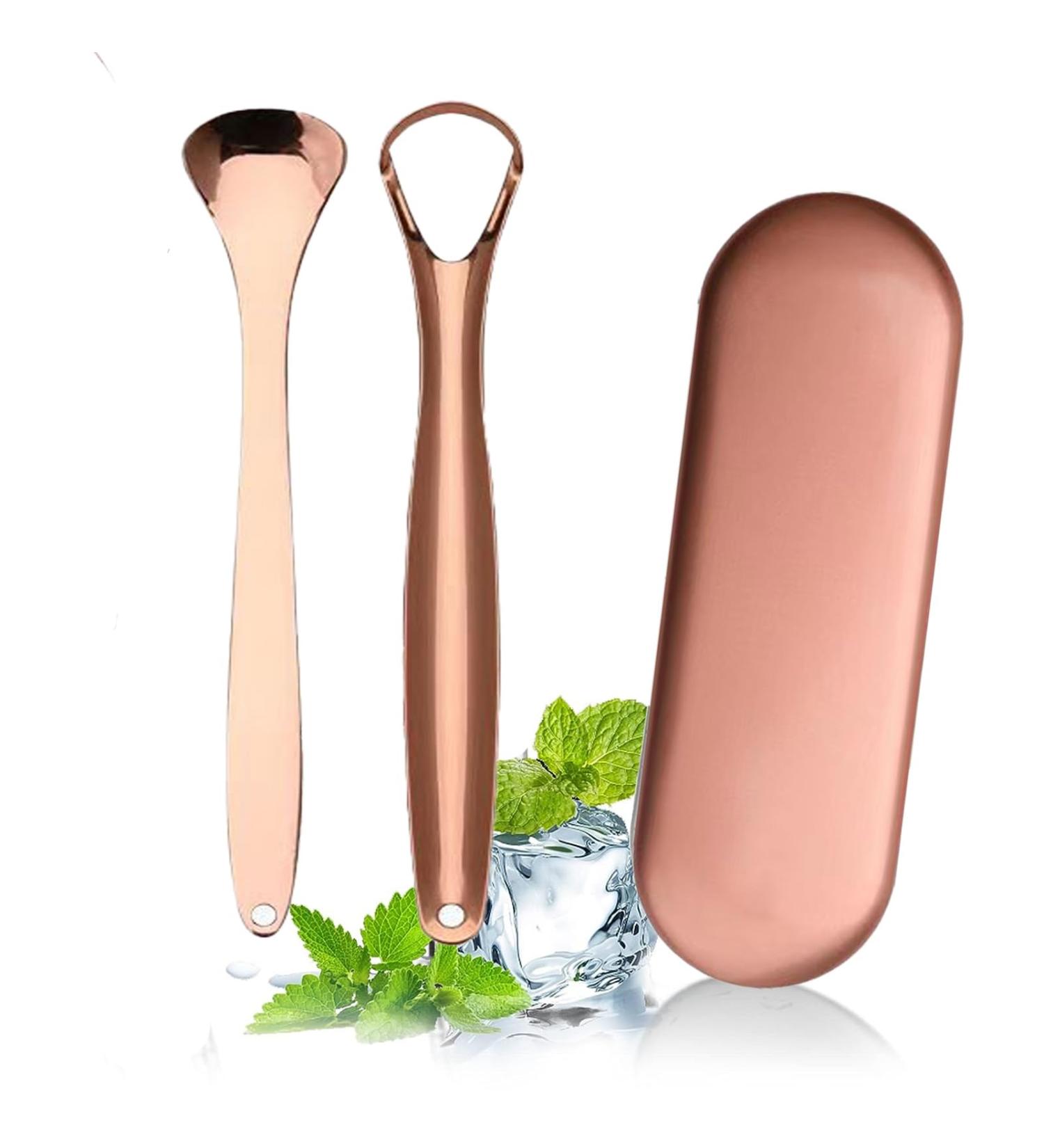 2-Piece Tongue Scraper Set with Case | Metal Tongue Cleaners for Bad Breath Relief | Copper Color - Buy Online on GoSupps.com