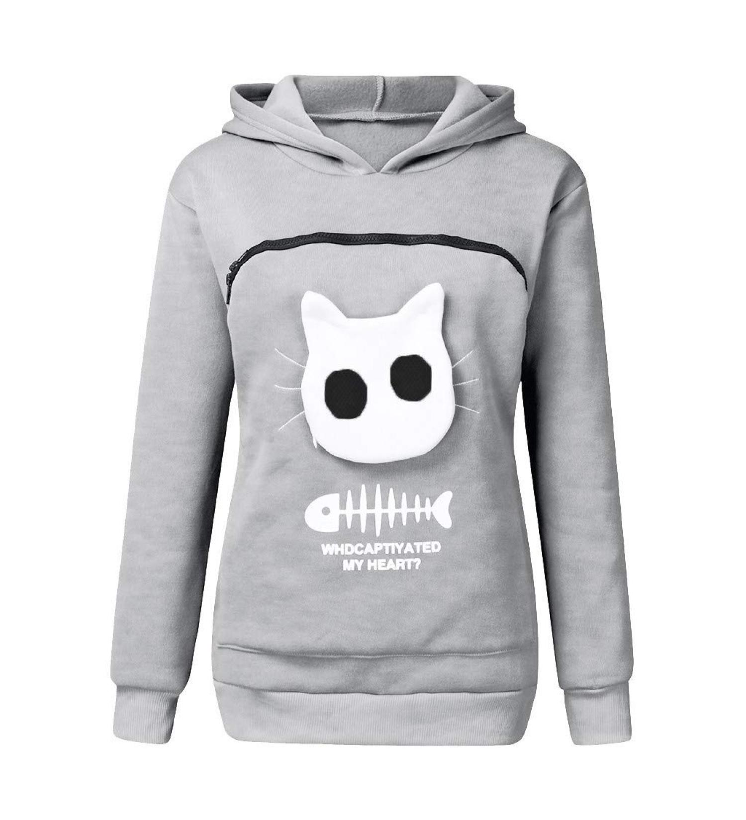 Women's Cat & Dog Hoodie Sweater with Big Zipper Bag - Cozy Long Sleeve Sweatshirt in Gray 3XL - Buy Online on GoSupps.com