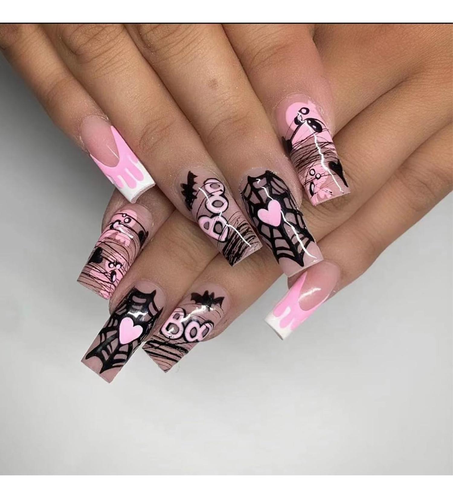Buy 24 Pcs Long Coffin Halloween Press on Nails - SHANRUN Pink French with Spider Web Design | Full Cover Acrylic False Nails - International Shipping Available - Buy Online on GoSupps.com