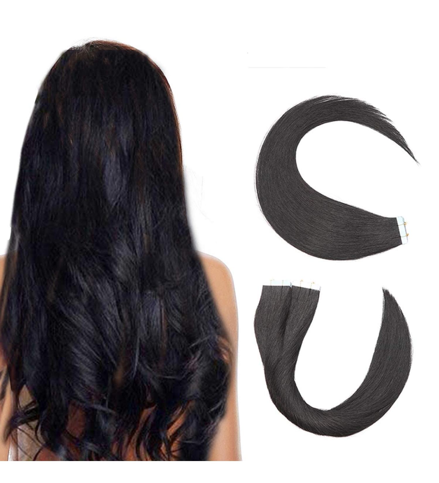 Tape Extensions Real Hair - Adhesive Hairpiece - Straight Remy 12 30cm 20g Human Hair #01 Pitch Black - 20 Pieces - Buy Online on GoSupps.com