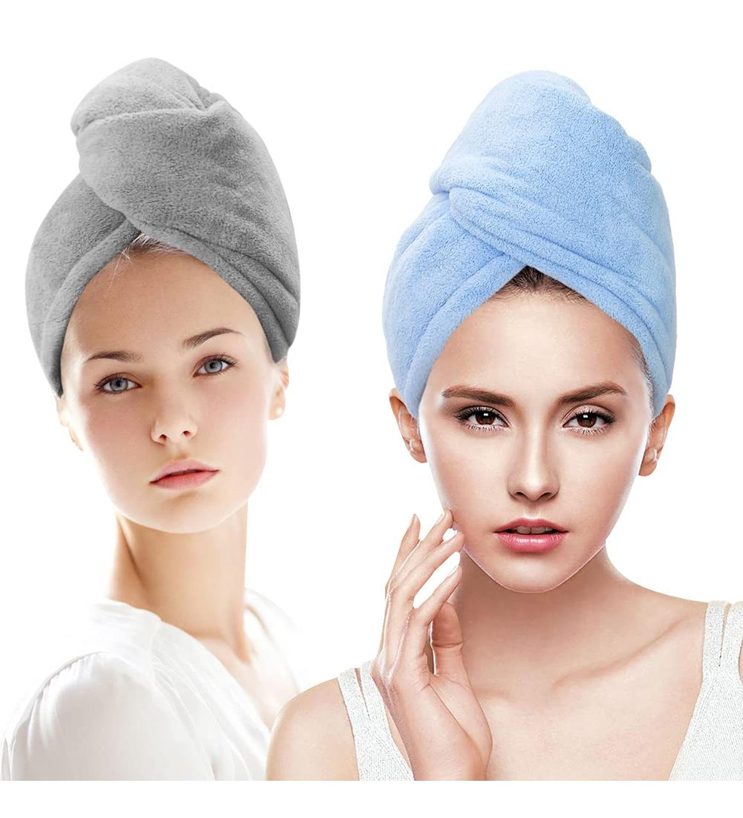 Microfiber Hair Wrap Towels 2 Pack for Long Hair Drying | Blue & Gray Anti Frizz Towels for Women with Curly Hair - Buy Online on GoSupps.com