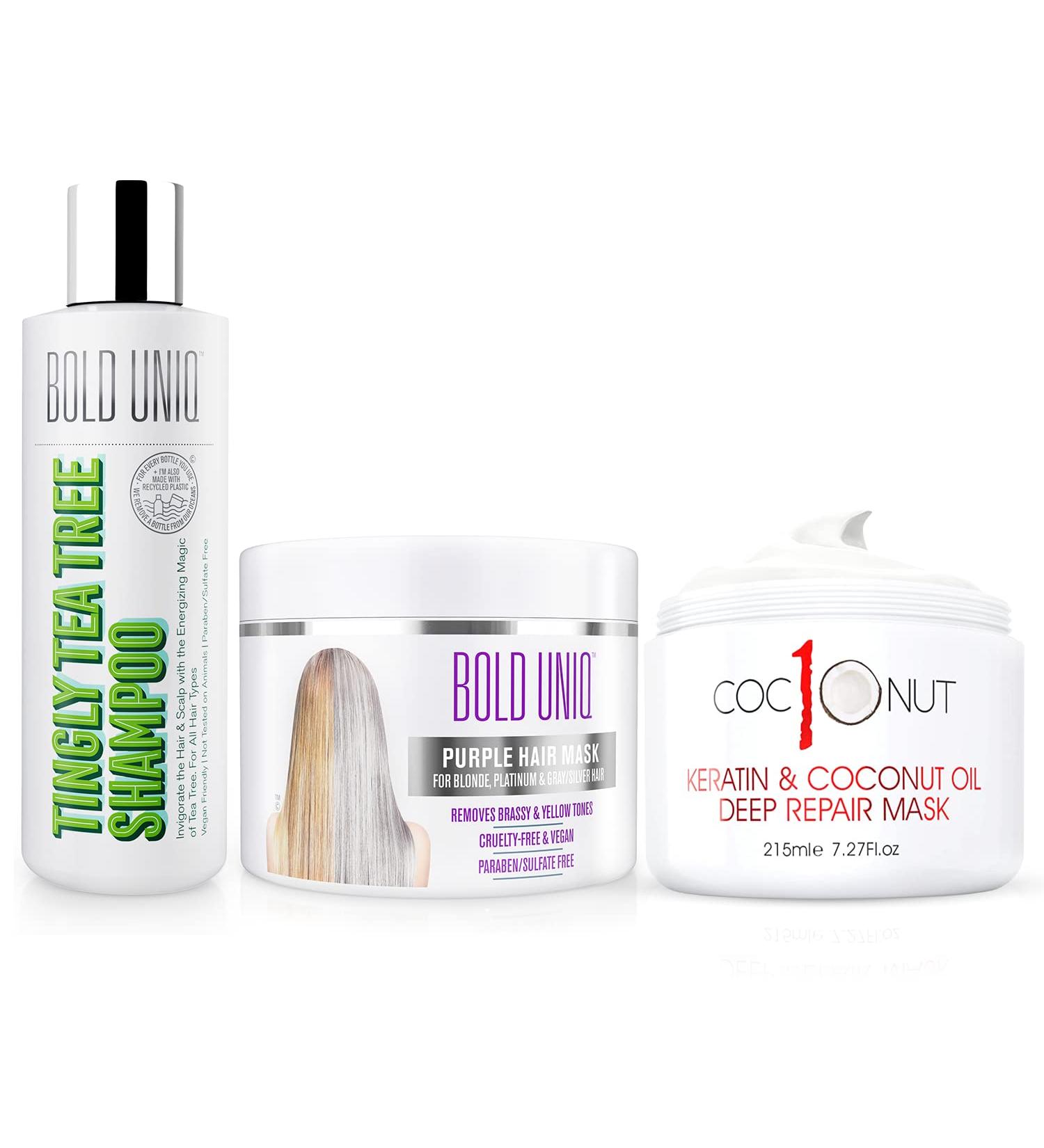 Purple Hair Mask & Tea Tree Shampoo with Coconut Hair Mask Bundle - For Blonde, Platinum, Bleached, Silver, Gray, Ash & Brassy Hair - Paraben & Sulfate Free - Cruelty-Free & Vegan - Buy Online on GoSupps.com