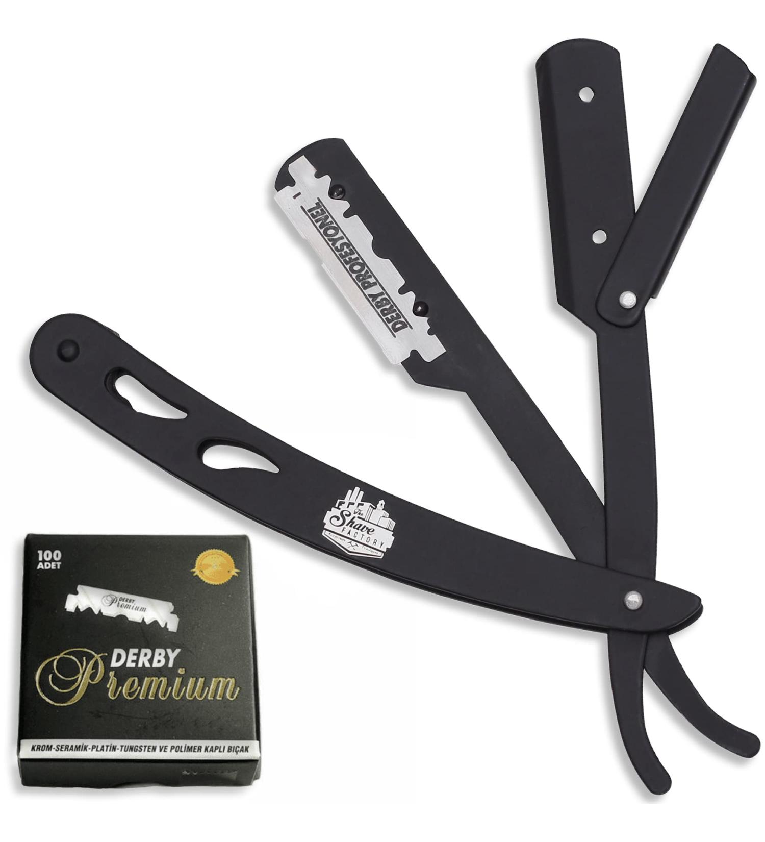 The Shave Factory Straight Edge Razor Kit with 100 Derby Blades - Stainless Steel Men's Straight Razor Set - Buy Online on GoSupps.com