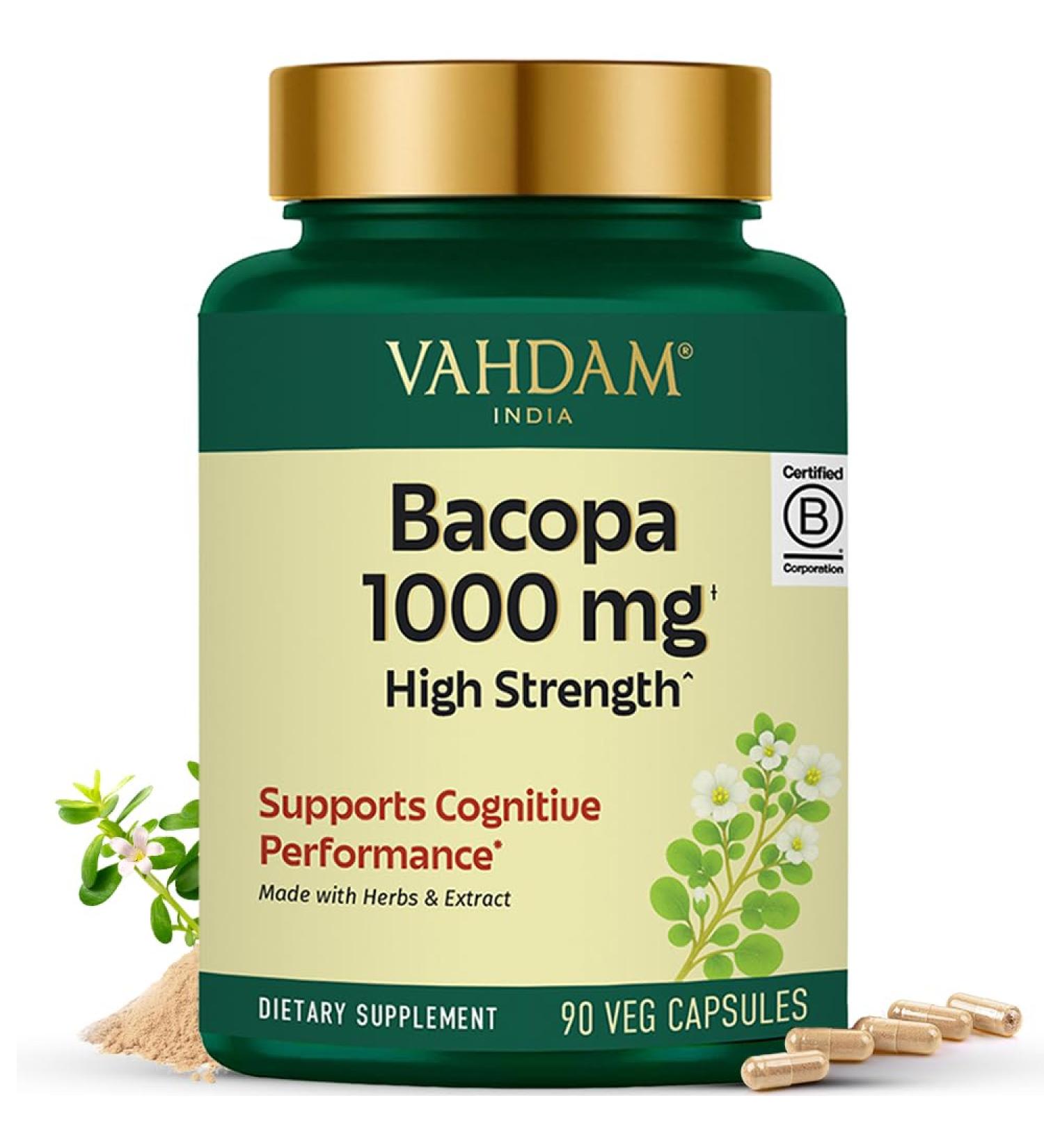 VAHDAM Bacopa Monnieri Capsules 1000mg | Supports Cognitive Performance | High Strength Made with Herbs & Extract | 90 Veg Capsules - Buy Online on GoSupps.com