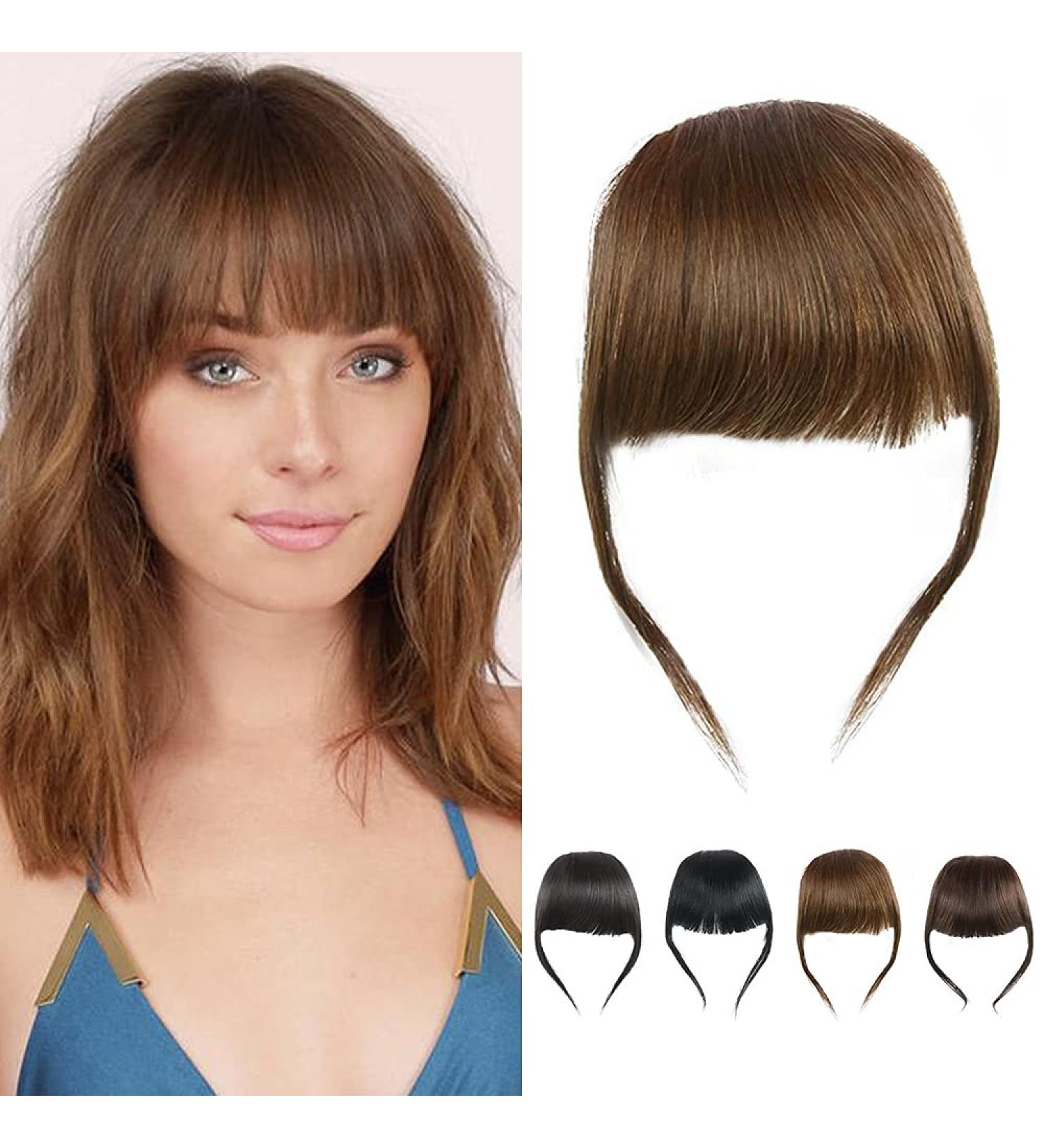 Real Human Hair Clip-In Thick Bangs Extension - Unprocessed French Fringe in Light Brown - Buy Online on GoSupps.com