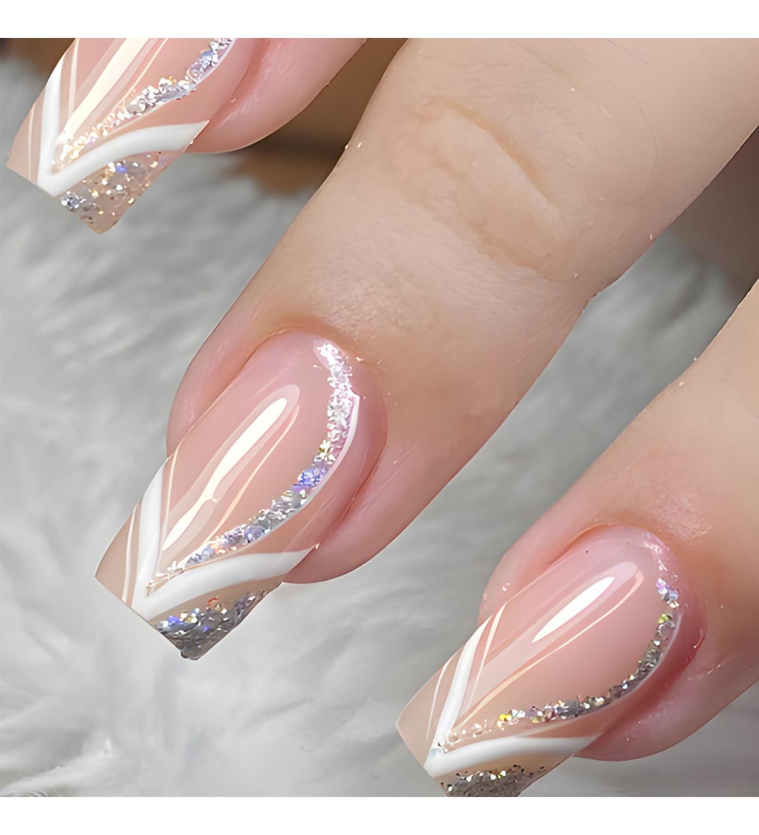 24Pcs Glossy Silver Glitter Curve Press-On Nails | Medium Square Acrylic Full Cover Fake Nails for Coquette Women & Girls - Sparkly Manicure Gel Glue Sticks - Buy Online on GoSupps.com