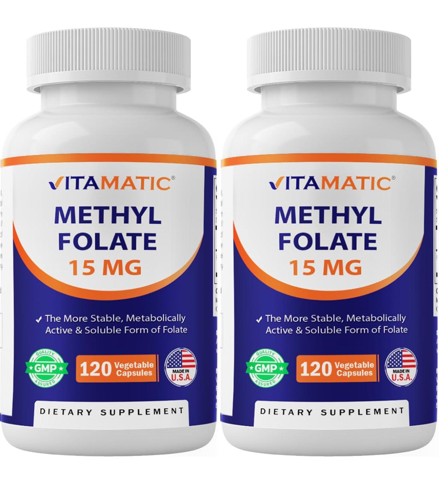 Vitamatic Methyl Folate 15mg 120 Vegetable Capsules - 2 Pack Optimized and Activated High Potency Metabolically Active Folate - Buy Online on GoSupps.com