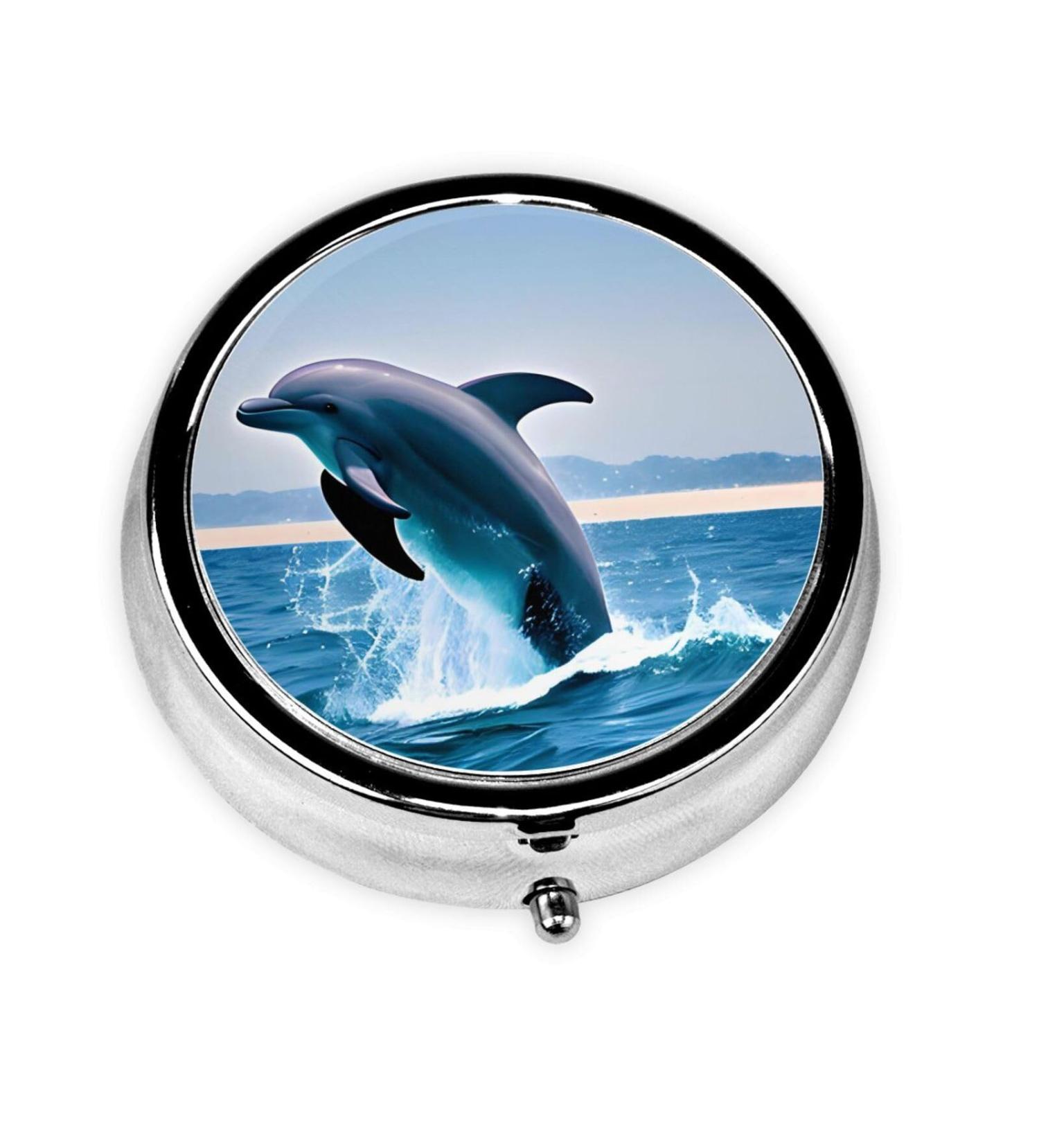 Jumping Up Dolphins Round Pill Box | 3 Compartment Portable Travel Organizer for International Shipping - Buy Online on GoSupps.com