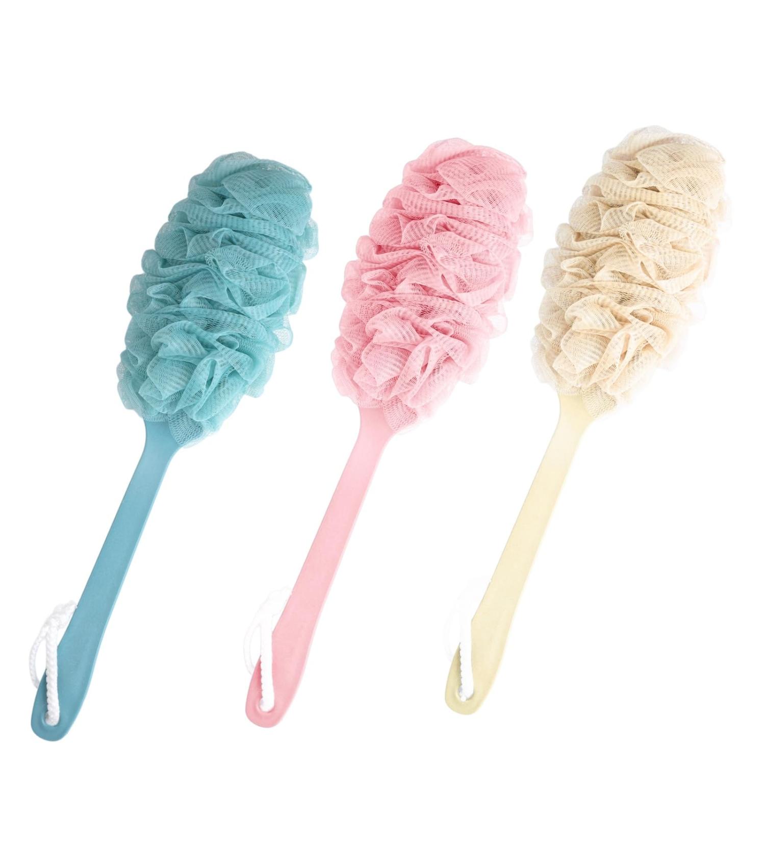 3-Piece Back Brush Set - Loofah Sponge Shower Brush & Long Handle Body Exfoliator - Unisex Shower Accessory (Green Pink & Milky White) for Glowing Skin - Buy Online on GoSupps.com