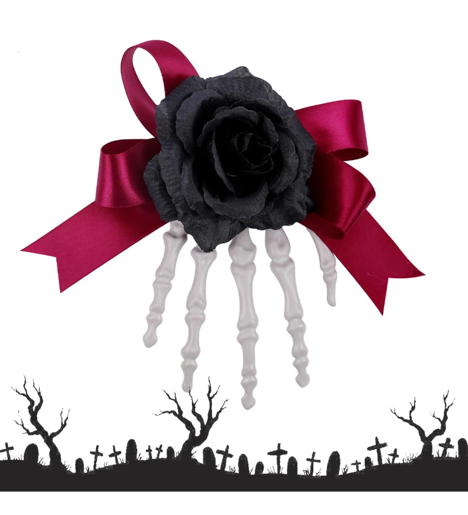 BRTNUP Halloween Hair Clamps Nonslip Women Rose Bowknot Barrettes with Horror Skeleton Hand Pattern Bone Hairpin Halloween Hair Accessories for Girls Women Halloween Party Hair Decorations (Black) - Buy Online on GoSupps.com