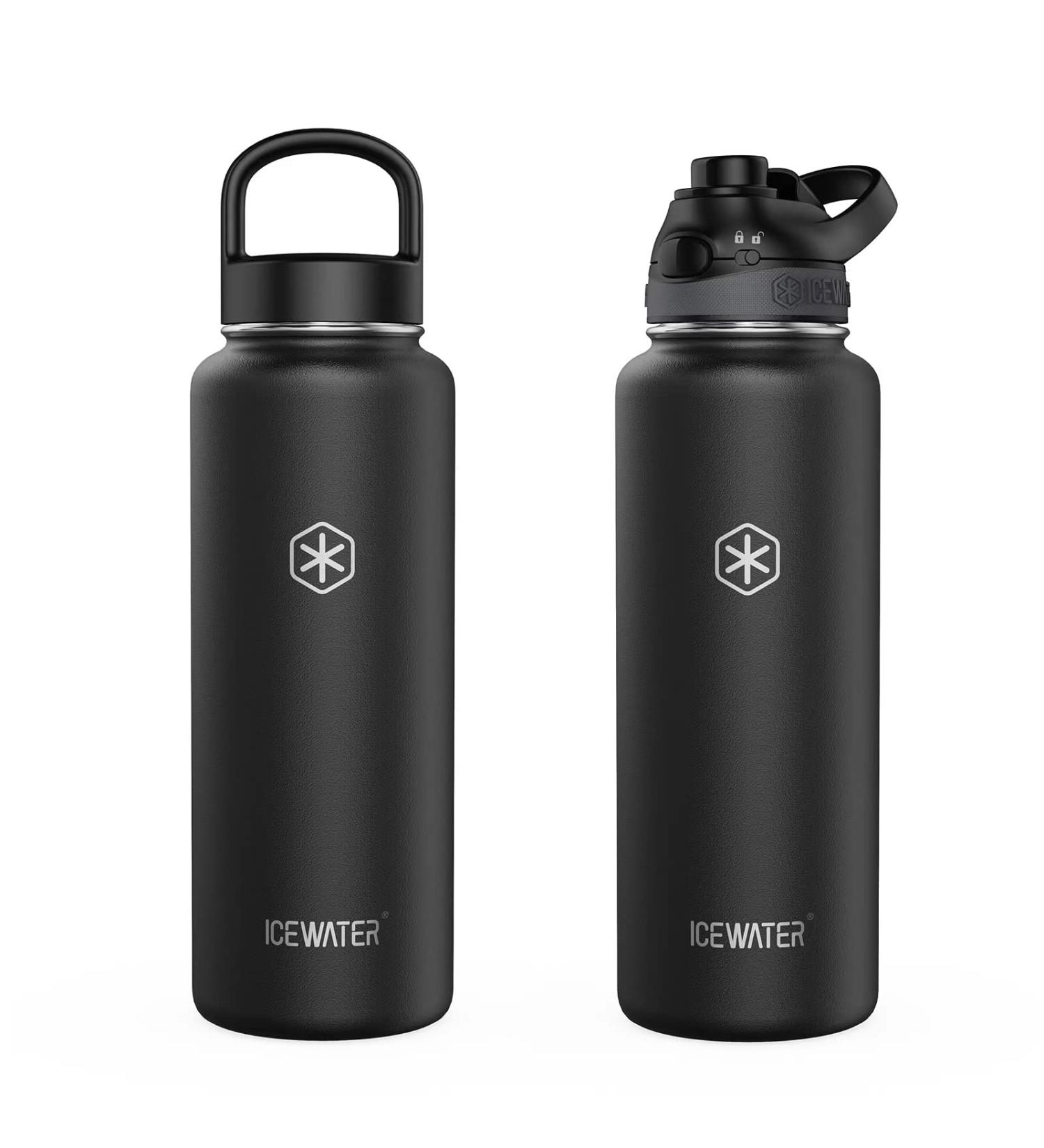 ICEWATER 40 oz Stainless Steel Water Bottle with Auto Spout and Wide Mouth Lids - BPA Free, Double Walled Vacuum, Leak Proof - Black - Buy Online on GoSupps.com
