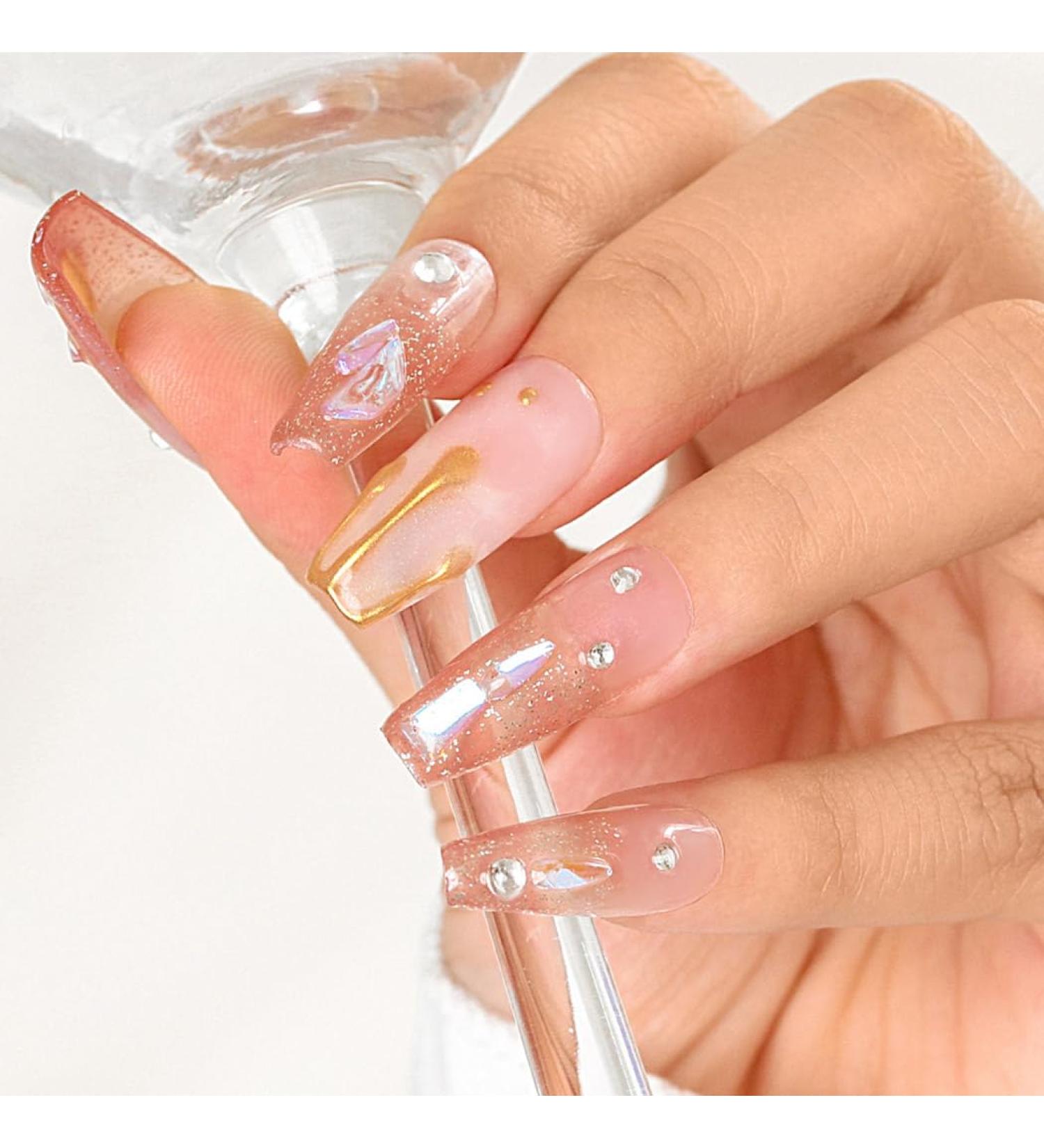 Sethexy French Long Coffin False Nails - Handmade Strass Glitter Aurora 3D Crystal Acrylic Press-On Nails for Women & Girls - Buy Online on GoSupps.com