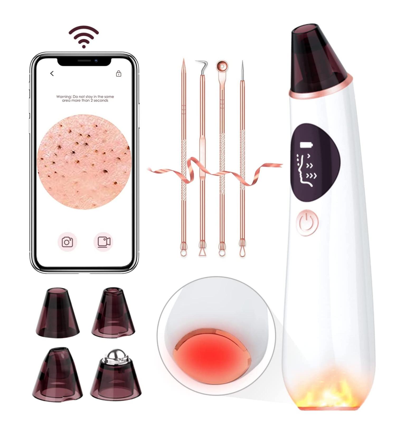Blackhead Remover Pore Vacuum with Camera - WiFi HD Acne Extractor with Hot Compress, 4 Probes, 3 Suction Levels - USB Rechargeable - Gold - Buy Online on GoSupps.com