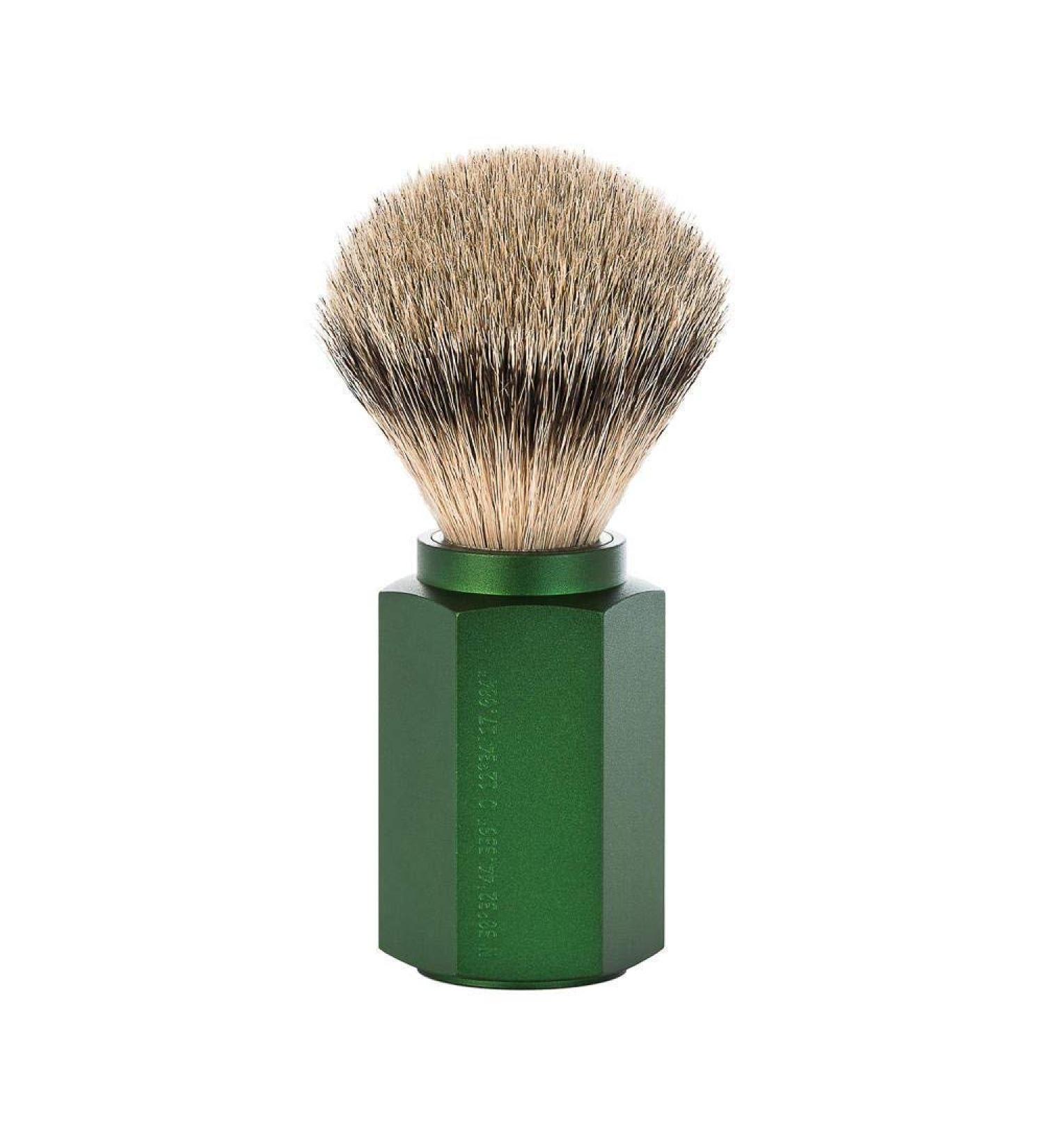 M HLE shaving brush - Hexagon series - silvertip badger - aluminum anodized forest